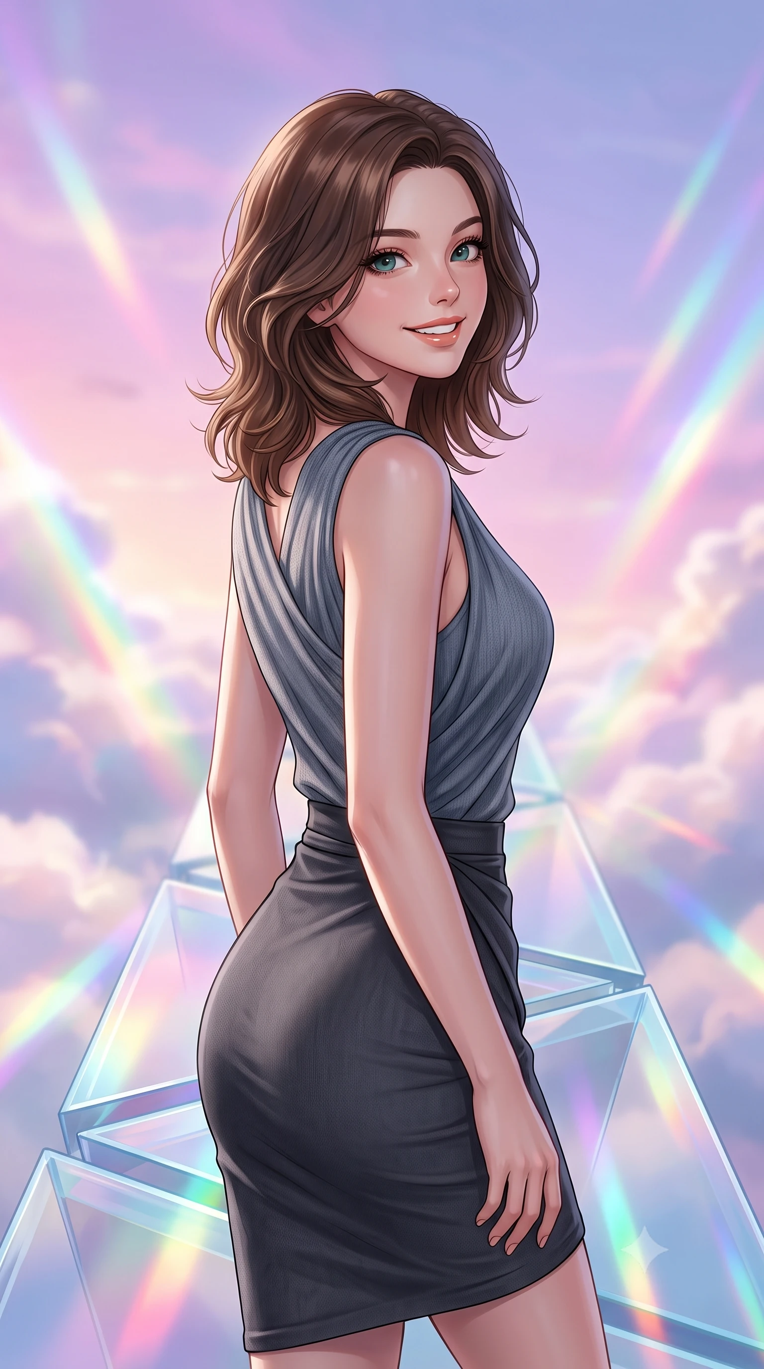 score_9, masterpiece, best quality, ultra-detailed, high-budget anime keyframe, editorial fashion photography, tasteful artistic composition, Korean woman. close-up cowboy shot from the waist and thighs up, the character dominates the composition, filling the frame with her large presence, background elements kept in soft focus. Looking over her shoulder with a bright, welcoming smile and happy eyes. set against a soft-focus background of on a pathway made of solid triangular glass prisms floating in a pastel sky, bending all light that passes through it. She has an exceptionally elegant, slender, and willowy female figure with a highly-defined ultra-slim waist, a gracefully sculpted slender torso, and a refined slim-fit silhouette that contours her form. sharp v-shaped jawline, high-bridge nose, intricate jewel-like eyes with depth, thick eyelashes, glossy lips with a natural sheen. wearing an asymmetric draped knit top in slate grey, paired with a matching high-waisted charcoal wrap skirt wrapping her hips. bright midday sun refracting through the glass prism path, casting vivid rainbow streaks across the surrounding white clouds. 2k, ultra detail, master piece, 9:16 ratio
