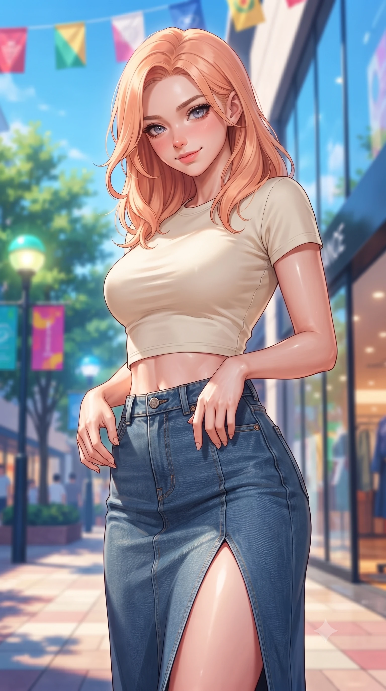 score_9, masterpiece, best quality, ultra-detailed, high-budget anime keyframe, editorial fashion photography, tasteful artistic composition, Japanese woman. close-up cowboy shot from the waist and thighs up, the character dominates the composition, filling the frame with her large presence, background elements kept in soft focus. tilting her chin down slightly, looking up at the viewer with a sweet, charming smile set against a soft-focus background of walking down a pedestrian shopping boulevard with colorful flags overhead with modern glass shop fronts reflecting the blue sky and trees. She has an exceptionally elegant, slender, and willowy female figure with an ultra-slim waist, a gracefully sculpted slender torso, and a refined silhouette. sharp v-shaped jawline, high-bridge nose, intricate jewel-like eyes with depth, thick eyelashes, glossy lips with a natural sheen. wearing tailored modern crop top tee in cream, paired with a high-slit denim midi skirt. vibrant streetlights and store signs casting dynamic highlights on her form. ultra-reflective glossy finish, specular highlights, metallic sheen, high-contrast stereoscopic depth, volumetric dynamic lighting, 2k, ultra detail, master piece, 9:16 ratio