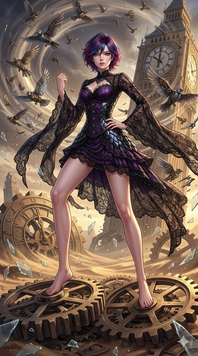 score_9, masterpiece, best quality, ultra-detailed, Set A: High-budget Anime Keyframe, Korean woman. Low angle cowboy shot filling the entire 9:16 frame with her statuesque presence. Drawing a blade through a burning rose garden, holding a relic that pulses with the frequency 134 and surrounded by shattered glass fragments. She has an absolutely perfect 8-heads proportion, an exceptionally tall and slender female figure with impossibly long slender legs and an ultra-slim waist. Sharp v-shaped jawline, high-bridge nose, intricate jewel-like eyes with depth, thick eyelashes, glossy lips with a natural sheen. Wearing Holographic vinyl mini-dress with transparent PVC boots and glowing jewelry. Cinematic lighting, vibrant colors, dramatic shadows, 2k, ultra detail, master piece, 9:16 ratio