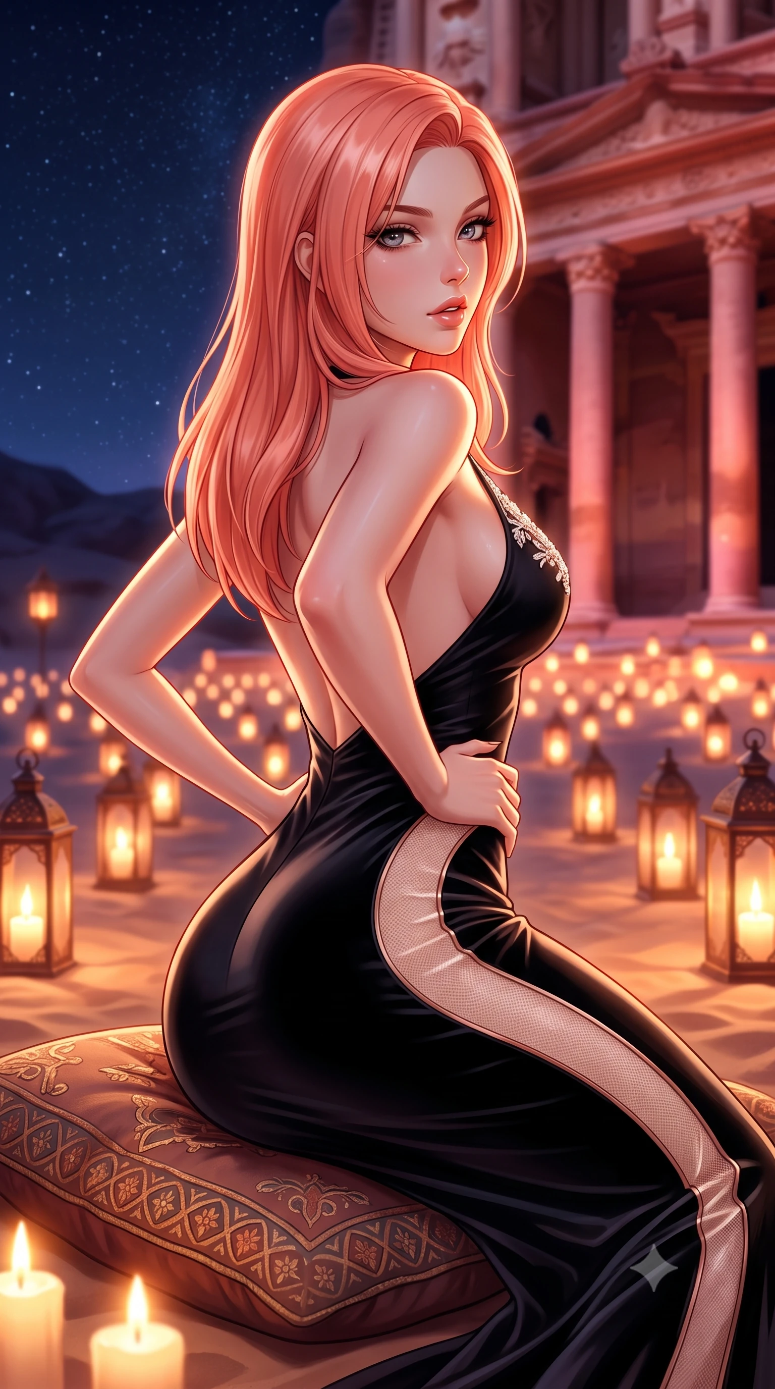 score_9, masterpiece, best quality, ultra-detailed, high-budget anime keyframe, semi-realistic 3D game render, editorial fashion photography, tasteful artistic composition, Japanese woman. close-up cowboy shot from the waist and thighs up, the character dominates the composition, filling the frame with her large presence. posing in an alluring rear three-quarter angle, arching her lower back in a pronounced S-curve with one hand on her hip, glancing seductively over her bare shoulder with parted glossy lips while reclining across an embroidered bedouin cushion on the desert sand, her slender waist and feminine curves sculpted by warm candlelight and desert stars. The composition keeps background elements in soft focus with creamy bokeh. hundreds of flickering candlelit lanterns and towering carved Corinthian columns of the Treasury blurred into glowing amber, rose, and starlight bokeh. She has an exceptionally elegant, slender, and willowy female figure with an ultra-slim waist, flat toned midriff, narrow ribcage, and sculpted feminine hips creating an alluring, slim hourglass silhouette without bulk. sharp v-shaped jawline, high-bridge nose, intricate jewel-like eyes with depth, thick eyelashes, glossy parted lips with a natural sheen, intensely captivating and seductive bedroom-eyes expression, flawlessly proportioned anatomical accuracy, strict slender model proportions, natural body alignment, perfectly sculpted long slender limbs, ultra-slim waistline, clean dynamic posture without body distortion. wearing a second-skin black silk jersey maxi dress with asymmetrical sheer mesh side panels tracing the full curve of her hip in vintage champagne ivory and delicate rose gold, crafted from heavyweight crushed silk velvet with liquid vintage luster, finished with delicate crystal frost embroidery tracing the plunging neckline, the liquid-tight tailored fabric clinging flawlessly to her narrow waist and rounded feminine hips, emphasizing every millimeter of her sculpted slim hourglass curves without any bulky heaviness. bathed in warm flickering glow of hundreds of candle lanterns contrasting with the deep indigo desert night sky. highly saturated vibrant anime colors, detailed shading with soft gradients, rich glossy textures, high-contrast stereoscopic depth, volumetric dynamic lighting, master piece, 9:16 ratio