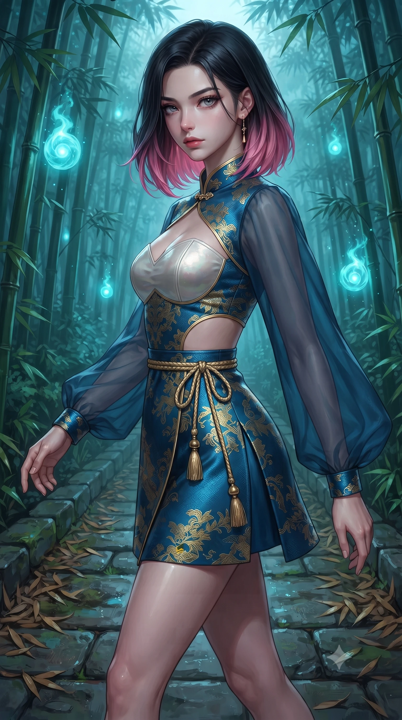 score_9, masterpiece, best quality, ultra-detailed, high-budget anime keyframe, editorial fashion photography, tasteful artistic composition, Korean woman. close-up cowboy shot from the waist and thighs up, the character dominates the composition, filling the frame with her large presence. turning over her shoulder with an indomitable, smoldering gaze, her soft hair framing her razor-sharp v-shaped jawline while striding along a stone path covered in fallen bamboo leaves with effortless, otherworldly supernatural balance. The surrounding environment is rendered in vivid detail and crisp panoramic clarity. sharp bamboo stalk ring textures, glowing spirit orb cores, and damp stone path masonry in deep focus. She has an exceptionally elegant, slender, and willowy female figure with an ultra-slim waist, a gracefully sculpted slender torso, toned flat midriff, and a refined slim silhouette. sharp v-shaped jawline, high-bridge nose, intricate jewel-like eyes with depth, thick eyelashes, glossy lips with a natural sheen, captivating and magnetic expression, flawlessly proportioned anatomical accuracy, strict slender model proportions, natural body alignment, perfectly sculpted long slender limbs, ultra-slim waistline, clean dynamic posture without body distortion. wearing a modern fusion silk hanbok dress with sheer organza butterfly sleeves and a structured mother-of-pearl bodice in deep azure blue and gold leaf embroidery, made of rich textured jacquard silk with dragon scale weave, accessorized with delicate gold bell tassels and braided silk cords, the precision-cut daring openings accentuating her delicate midriff, graceful bare collarbones, and ultra-slim feminine waistline. bathed in magical cyan spirit flame luminescence and soft moonlit fog fill. ultra-reflective glossy finish, specular highlights, rich textural contrasts, high-contrast stereoscopic depth, volumetric dynamic lighting, 2k, ultra detail, master piece, 9:16 ratio