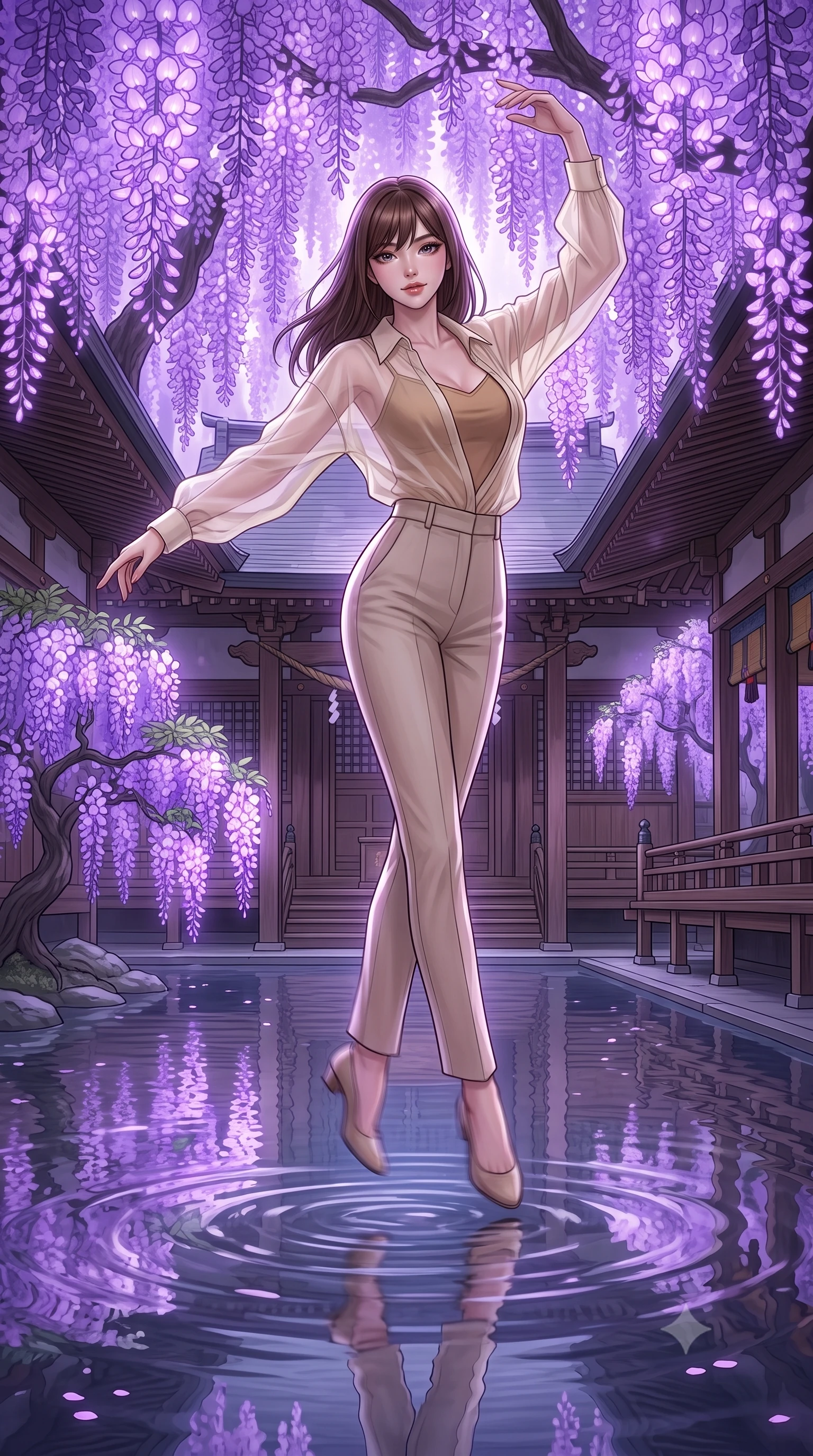 score_9, masterpiece, best quality, ultra-detailed, high-budget anime keyframe, editorial fashion photography, tasteful artistic composition, Korean woman. low angle full-body shot from head to toe showing her feet, filling the entire 9:16 vertical frame with her statuesque presence, stretching her vertical silhouette. pirouetting mid-air with a playful grin inside in a traditional wooden shrine courtyard surrounded by giant wisteria trees with glowing purple flowers hanging over a calm, reflecting river. She has a statuesque 8.5-heads proportion, an exceptionally tall, slender and willowy model-like build with impossibly long legs and a highly sculpted ultra-slim waist. sharp v-shaped jawline, high-bridge nose, intricate jewel-like eyes with depth, thick eyelashes, glossy lips with a natural sheen. wearing a semi-transparent cream organza oversized shirt layered naturally over a tan-colored camisole top, paired with tailored trousers. soft purple bioluminescent light from the flowers casting gentle reflections on the water and wooden structures. 2k, ultra detail, master piece, 9:16 ratio