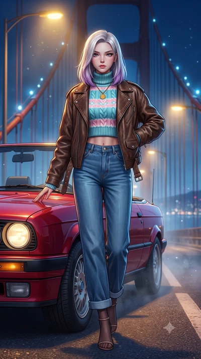 score_9, masterpiece, best quality, ultra-detailed, high-budget anime keyframe, semi-realistic 3D game render, editorial fashion photography, tasteful artistic composition, Caucasian woman. low angle full-body shot from head to toe showing her feet, 
