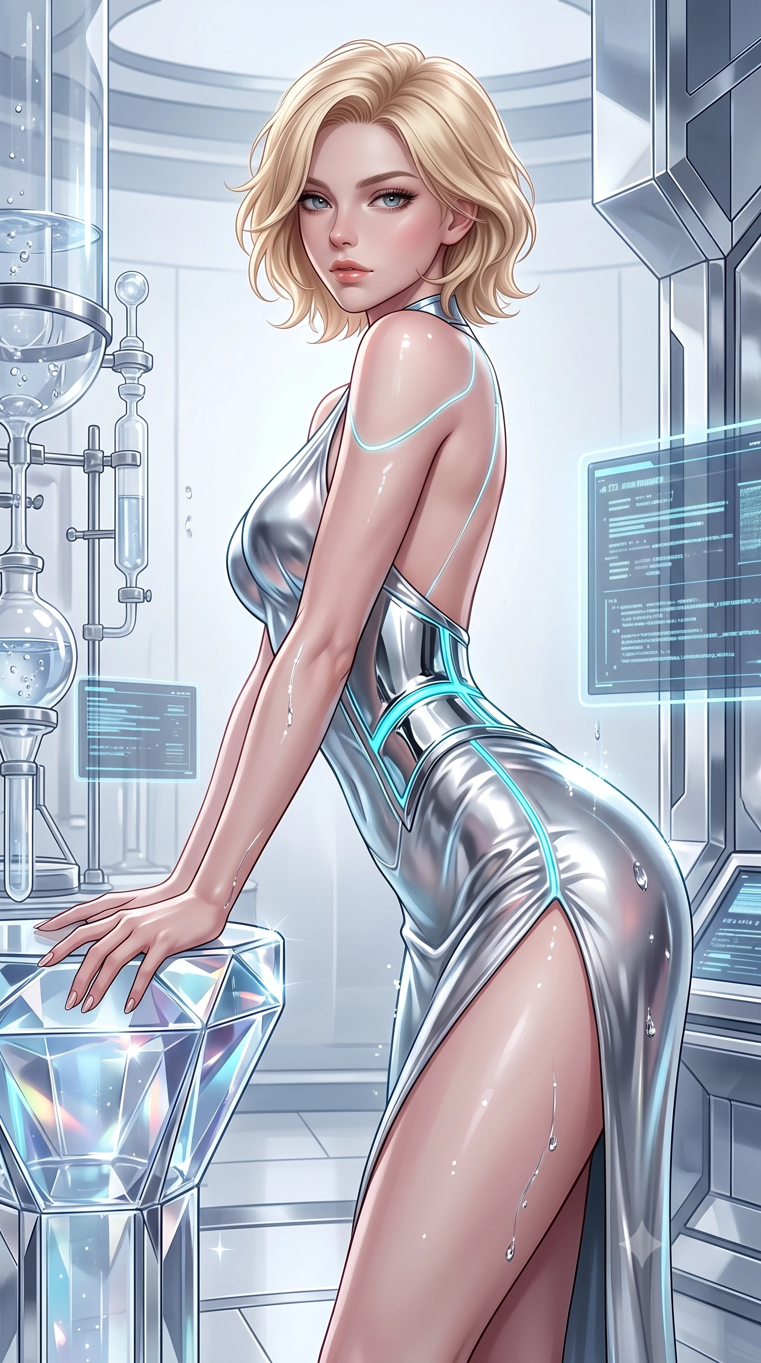 score_9, masterpiece, best quality, ultra-detailed, high-budget anime keyframe, semi-realistic 3D game render, editorial fashion photography, tasteful artistic composition, Caucasian woman. close-up cowboy shot from the waist and thighs up, the character dominates the composition, filling the frame with her large presence. stretching forward with an alluring arch of her spine, glancing over her shoulder with divine self-assurance and magnetic intensity while resting one hand on the polished crystal glass with a serene, newly-awakened goddess gaze looking directly into the camera. The surrounding environment is rendered in vivid detail and crisp panoramic clarity. high-key pristine laboratory luxury and cyber-genesis aesthetics captured with environmental precision. She has an exceptionally elegant, slender, and willowy female figure with an ultra-slim waist, a gracefully sculpted slender torso, toned flat midriff, and a refined slim silhouette. sharp v-shaped jawline, high-bridge nose, intricate jewel-like eyes with depth, thick eyelashes, glossy lips with a natural sheen, flawlessly proportioned anatomical accuracy, strict slender model proportions, natural body alignment, perfectly sculpted long slender limbs, ultra-slim waistline, clean dynamic posture without body distortion. wearing a backless molten silver liquid-metal gown with a high-cut side slit and precision-fitted waist boning in polished mirror chrome and glowing electric cyan neon, tailored from semi-translucent cybernetic vinyl with glowing micro-filaments, accented with glowing fiber-optic seams tracing her collarbones and hip curves, the glove-like aerodynamic second-skin fit tightly clinging to her ultra-slender waist and athletic curves without adding bulk, accentuating her razor-sharp statuesque lines and slim hourglass silhouette. illuminated by sparkling fluid droplet refractions and crisp specular highlights tracing her slender curves. rich saturated anime colors with glowing neon highlights, detailed shading with soft gradients, rich glossy textures, high-contrast stereoscopic depth, volumetric dynamic lighting, master piece, 9:16 ratio