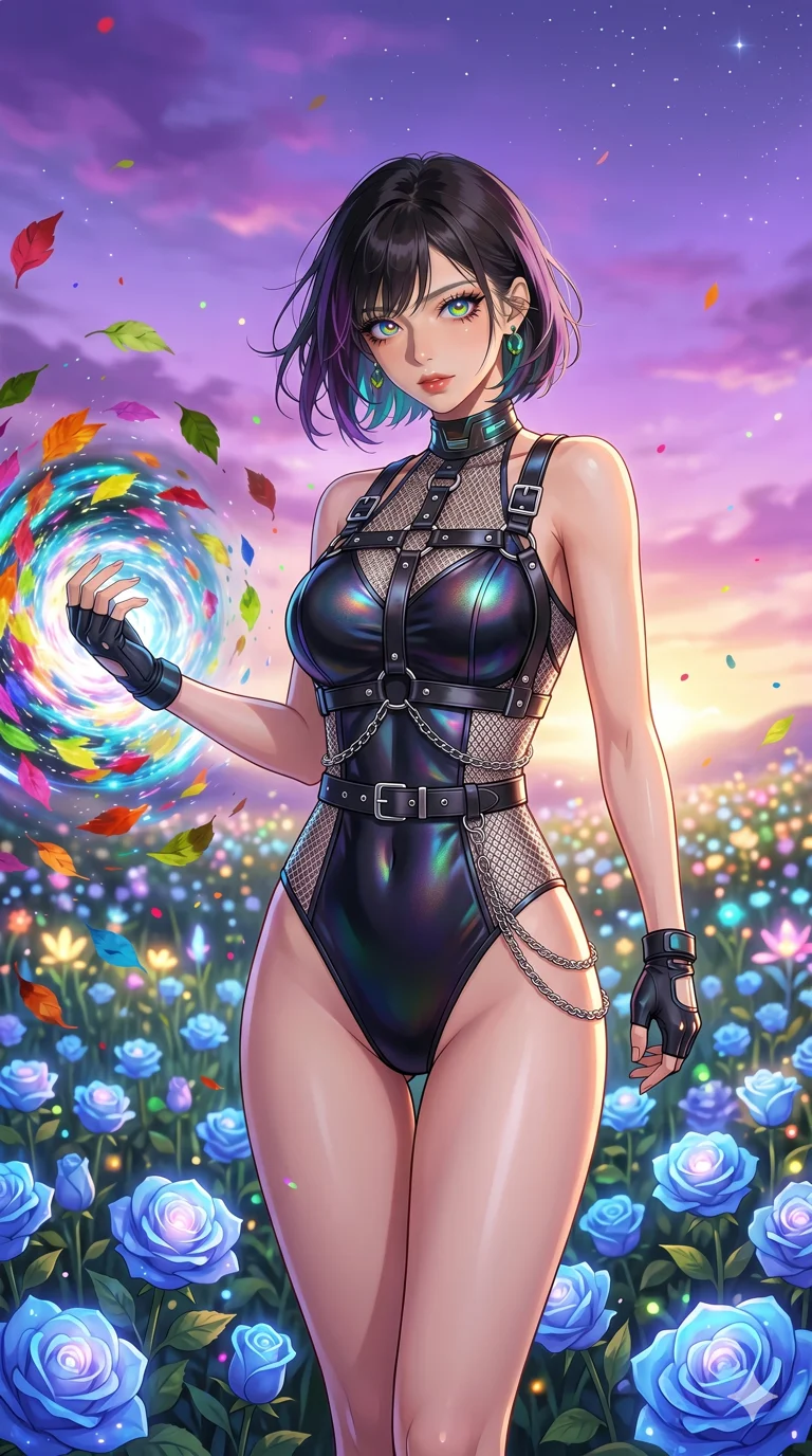 score_9, masterpiece, best quality, ultra-detailed, High-budget Anime Keyframe, beautiful Korean anime girl. Upper body close-up from the thighs up, character filling the screen for maximum presence. Walking through a field of blue roses under a lavender sky at dusk. She has an absolutely perfect 8-heads proportion, an exceptionally tall and slender female figure with impossibly long slender legs and an ultra-slim waist. Sharp v-shaped jawline, high-bridge nose, intricate jewel-like eyes with depth, thick eyelashes, glossy lips with a natural sheen. Wearing a K-Idol Stage outfit: high-cut bodysuit with a leather harness and silver mesh. Background is a bright and colorful meadow with glowing flowers and a vibrant purple sunset. 2k, ultra detail, master piece, 9:16 ratio