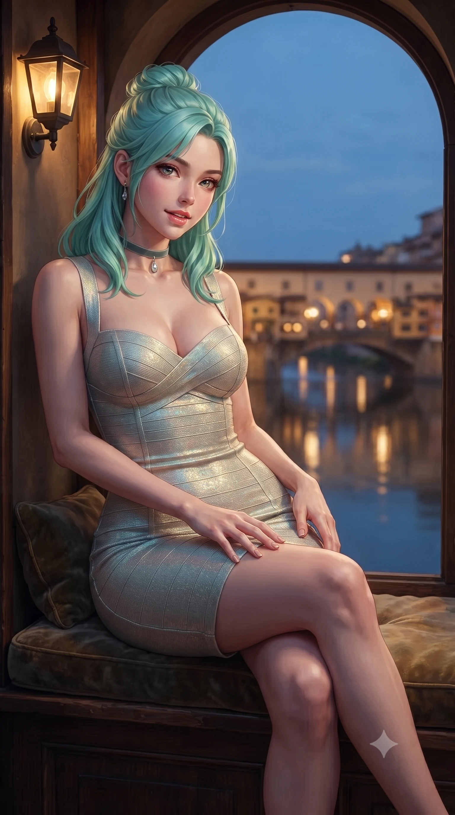 score_9, masterpiece, best quality, ultra-detailed, high-budget anime keyframe, editorial fashion photography, tasteful artistic composition, Japanese woman. close-up cowboy shot from the waist and thighs up, the character dominates the composition, filling the frame with her large presence. tilting her head with a teasing half-smile, running one hand slowly down the side of her hip in a flirtatious S-curve as ambient light caresses her silhouette while sitting perched gracefully on the window seat with legs crossed, flashing an enchanting smile with parted glossy lips. The background shows a soft-focus quaint medieval jewelers' shops overhanging the Arno river, illuminated arches of the Ponte Vecchio, and evening river reflections blurred into topaz, amber, and indigo bokeh. She has an exceptionally elegant, slender, and willowy female figure with an ultra-slim waist, flat toned midriff, narrow ribcage, and sculpted feminine hips creating an alluring, slim hourglass silhouette without bulk. sharp v-shaped jawline, high-bridge nose, intricate jewel-like sparkling eyes with depth, thick eyelashes, glossy parted lips with a natural peach sheen, bright cheerful beaming smile with an enchanting and coquettish sensual glint, exuding both youthful cute charm and seductive allure, flawlessly proportioned anatomical accuracy, strict slender model proportions, natural body alignment, perfectly sculpted long slender limbs, ultra-slim waistline, clean dynamic posture without body distortion. wearing a dense bandage knit pencil dress with sweetheart neckline contouring her delicate ribcage and hips in iridescent seafoam pearl and champagne luster, woven from buttery-soft stretch lambskin leather adhering to her body like a second skin, finished with a thin velvet ribbon choker and a single teardrop diamond pendant, the glove-like clinging cut tightly following the natural contour of her hips and long slender legs with youthful 8.5-heads elegance. bathed in the warm golden 2300K glow of vintage wall lanterns mixed with twilight blue from the arched window. ultra-reflective glossy finish, specular highlights, rich textural contrasts, high-contrast stereoscopic depth, volumetric dynamic lighting, 2k, ultra detail, master piece, 9:16 ratio