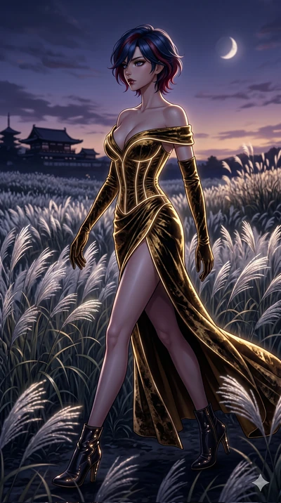 score_9, masterpiece, best quality, ultra-detailed, High-budget Anime Keyframe, East Asian woman. Dynamic full-body shot stretching the vertical silhouette to the limit. Scenario 268: Walking through a field of tall silver grass at twilight. Her pres