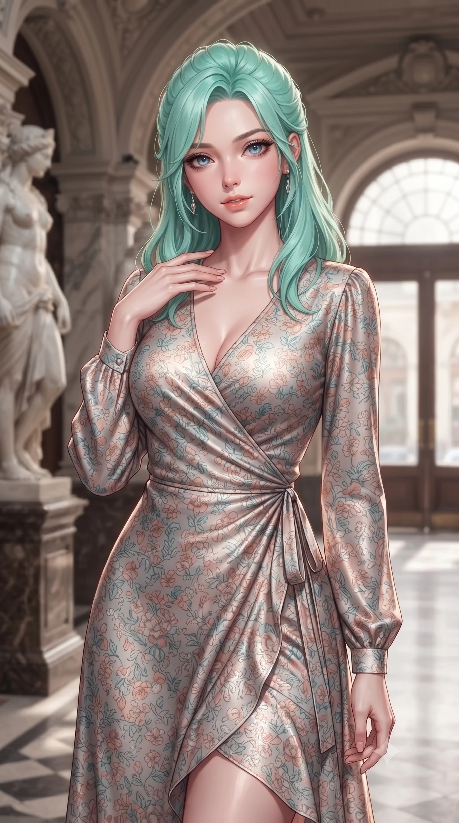score_9, masterpiece, best quality, ultra-detailed, high-budget anime keyframe, editorial fashion photography, tasteful artistic composition, Japanese woman. close-up cowboy shot from the waist and thighs up, the character dominates the composition, filling the frame with her large presence, background elements kept in soft focus. standing with one hand resting on her collarbone, looking at the viewer with bedroom-eyes the background shows a soft-focus the entrance lobby of a historic theater with marble statues and archways. She has an exceptionally elegant, slender, and willowy female figure with an ultra-slim waist, a gracefully sculpted slender torso, and a refined silhouette. sharp v-shaped jawline, high-bridge nose, intricate jewel-like eyes with depth, thick eyelashes, glossy lips with a natural sheen. wearing a body-hugging flowy floral-patterned wrap dress with long sleeves and a modest V-neck. crisp morning sunlight filtering through high glass doors, casting elegant shadows. ultra-reflective glossy finish, specular highlights, metallic sheen, high-contrast stereoscopic depth, volumetric dynamic lighting, 2k, ultra detail, master piece, 9:16 ratio