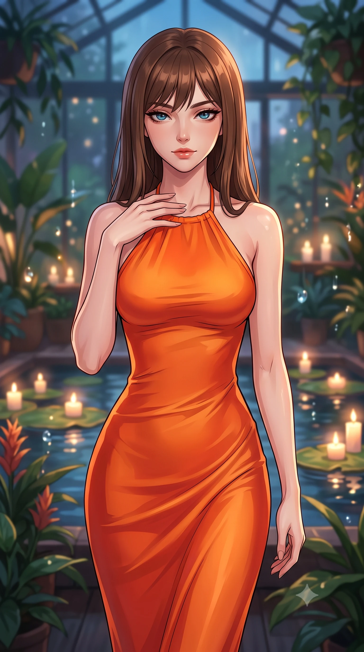 score_9, masterpiece, best quality, ultra-detailed, high-budget anime keyframe, tasteful artistic composition, Korean woman. close-up cowboy shot from the waist and thighs up, the character dominates the composition, filling the frame with her large presence, background elements kept in soft focus. standing with one hand resting on her collarbone, looking at the viewer with bedroom-eyes the background shows a soft-focus a modern greenhouse loft surrounded by rare plants and floating candlelit ponds. She has an exceptionally elegant, slender, and willowy female figure with an ultra-slim waist, a gracefully sculpted slender torso, and a refined silhouette. sharp v-shaped jawline, high-bridge nose, intricate jewel-like eyes with depth, thick eyelashes, glossy lips with a natural sheen. wearing a slim-fit form-fitting liquid silk halter-neck maxi dress in sunset orange, draped elegantly to highlight her slender frame. soft flickering candle glow refracting through the moving water droplets. highly saturated vibrant anime colors, cel-shading, 2d style, master piece, 9:16 ratio
