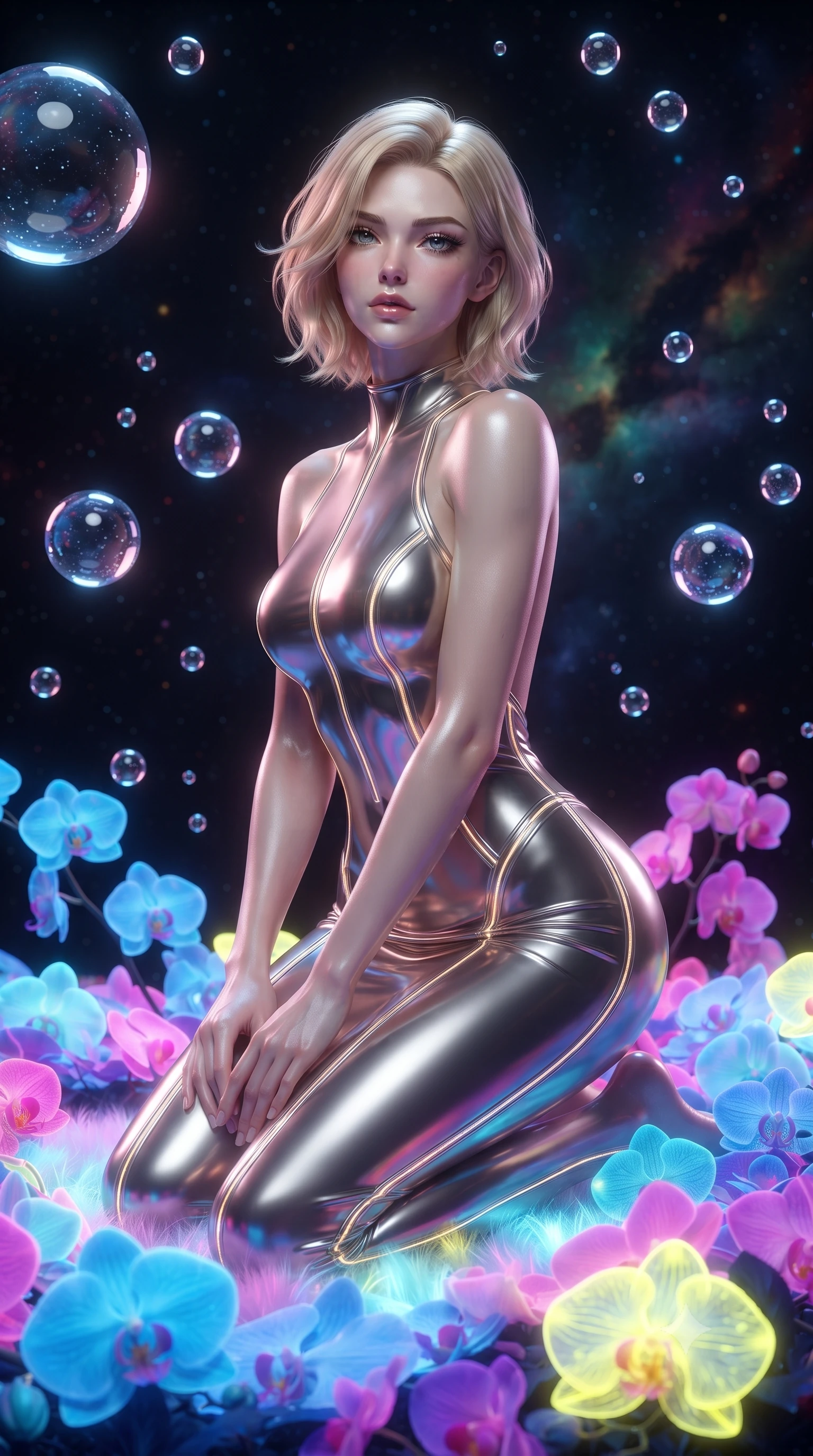 score_9, masterpiece, best quality, ultra-detailed, High-budget Anime Keyframe, editorial fashion photography, tasteful artistic composition, realistic cosplay photography, Caucasian woman, strictly human ears. Low angle cowboy shot filling the entire 9:16 frame with her statuesque presence. Scenario 285: kneeling on a soft bed of glowing neon orchids under a zero-gravity sanctuary filled with floating water spheres. Her presence is magnetic and overpowering in this high-budget cinematic scene. Outfit 285: a form-contouring molten liquid silk liquid with a backless design and glowing LED seams. The clothing is designed to emphasize her exceptionally tall and slender 8-heads proportion. 8-heads proportion, towering silhouette, ultra-slim waist. sharp v-shaped jawline, intricate jewel-like eyes with depth, thick eyelashes, glossy lips. ultra-reflective glossy finish, specular highlights, metallic sheen, high-contrast stereoscopic depth, volumetric dynamic lighting, 2k, ultra detail, master piece, 9:16 ratio