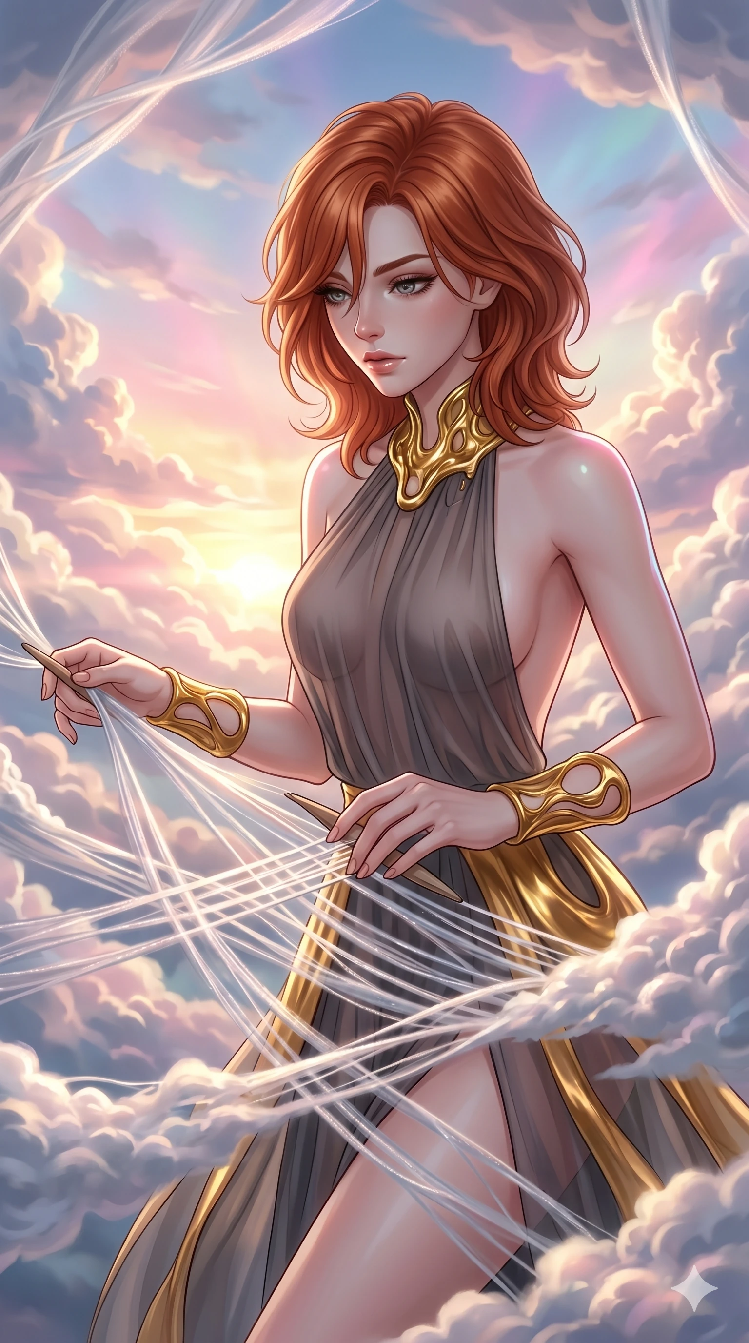 score_9, masterpiece, best quality, ultra-detailed, high-budget anime keyframe, Caucasian woman, strictly human ears. upper body close-up from the thighs up, character filling the screen for maximum presence. threading through a volumetric cloud weave where storm clouds are spun like silk thread under a dramatic sunset glow. She has an absolutely perfect 8-heads proportion, an exceptionally tall and slender female figure with impossibly long slender legs and an ultra-slim waist. V-shaped jawline, high-bridge nose, intricate jewel-like eyes with depth, thick eyelashes, glossy lips with a natural sheen.. wearing a molten gold and chiffon gown, featuring organic liquid gold collar and cuffs on a translucent charcoal-gray halter neck chiffon gown with a deep backless design. enhanced by a luminous pastel spectrum glow, casting elegant rim lights on her shoulders and jawline. 2k, ultra detail, master piece, 9:16 ratio