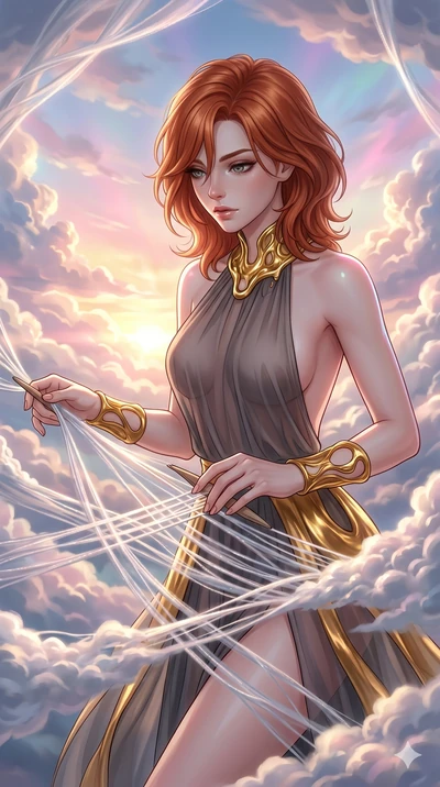 score_9, masterpiece, best quality, ultra-detailed, high-budget anime keyframe, Caucasian woman, strictly human ears. upper body close-up from the thighs up, character filling the screen for maximum presence. threading through a volumetric cloud weav