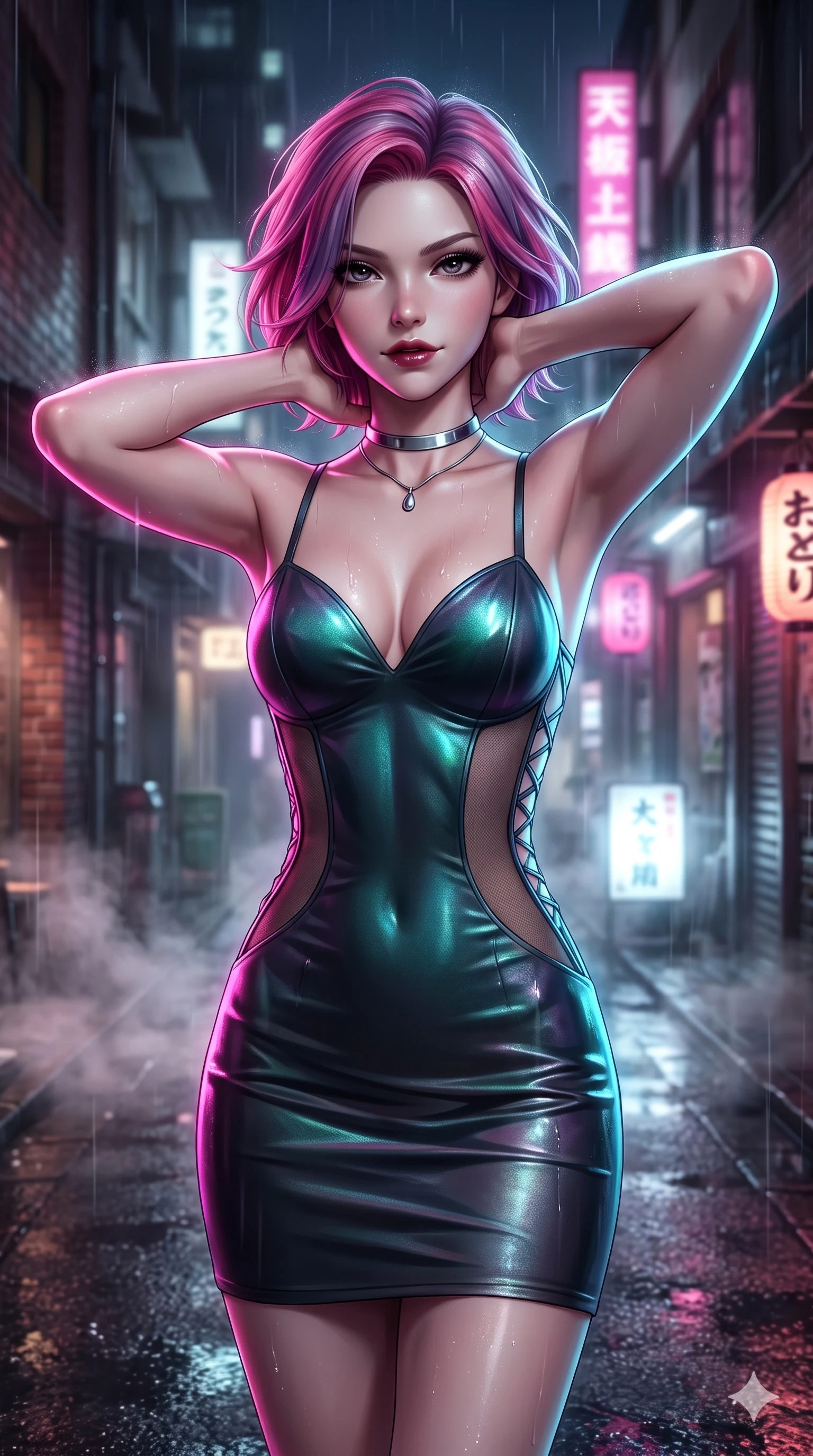 score_9, masterpiece, best quality, ultra-detailed, high-budget anime keyframe, semi-realistic 3D game render, editorial fashion photography, tasteful artistic composition, Caucasian woman. close-up cowboy shot from the waist and thighs up, the character dominates the composition, filling the frame with her large presence. resting both hands lightly behind her neck with elbows raised, arching her spine to highlight her narrow waist, flat midriff, and breathtaking collarbones while stepping forward out of the misty alley shadows with hypnotic poise, hips swaying in an alluring supermodel rhythm. The background shows a soft-focus nocturnal Tokyo alleyway softened in atmospheric rain shallow focus. She has an exceptionally elegant, slender, and willowy female figure with an ultra-slim waist, flat toned midriff, narrow ribcage, and sculpted feminine hips creating an alluring, slim hourglass silhouette without bulk. sharp v-shaped jawline, high-bridge nose, intricate jewel-like dark sparkling eyes with dangerous depth, thick curled eyelashes, glossy parted lips with a rich wine sheen, smoldering seductive half-smile with bedroom-eyes, exuding effortless superiority and intoxicating dark allure, flawlessly proportioned anatomical accuracy, strict slender model proportions, natural body alignment, perfectly sculpted long slender limbs, ultra-slim waistline, clean dynamic posture without body distortion. wearing an alluring plunging sweetheart bodice dress with sheer mesh side-waist cutouts contouring her ribs in iridescent petroleum beetle-sheen and deep graphite, featuring fine criss-cross satin back lacing tracing her slender spine, finished with a minimalist chrome choker and a single teardrop pendant, the form-contouring cut accentuating her sculpted flat midriff, narrow delicate ribcage, and gracefully curvy hips with intoxicating allure. illuminated by steam-lit ground bounce and sharp fuchsia-cyan rim lights defining her razor-sharp jawline, narrow waist, and curvy hips. highly saturated vibrant anime colors, detailed shading with soft gradients, rich glossy textures, high-contrast stereoscopic depth, volumetric dynamic lighting, master piece, 9:16 ratio