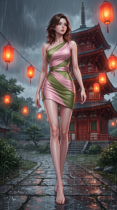 score_9, masterpiece, best quality, ultra-detailed, high-budget anime keyframe, editorial fashion photography, tasteful artistic composition, Korean woman. low angle full-body shot from head to toe showing her feet, filling the entire 9:16 vertical f