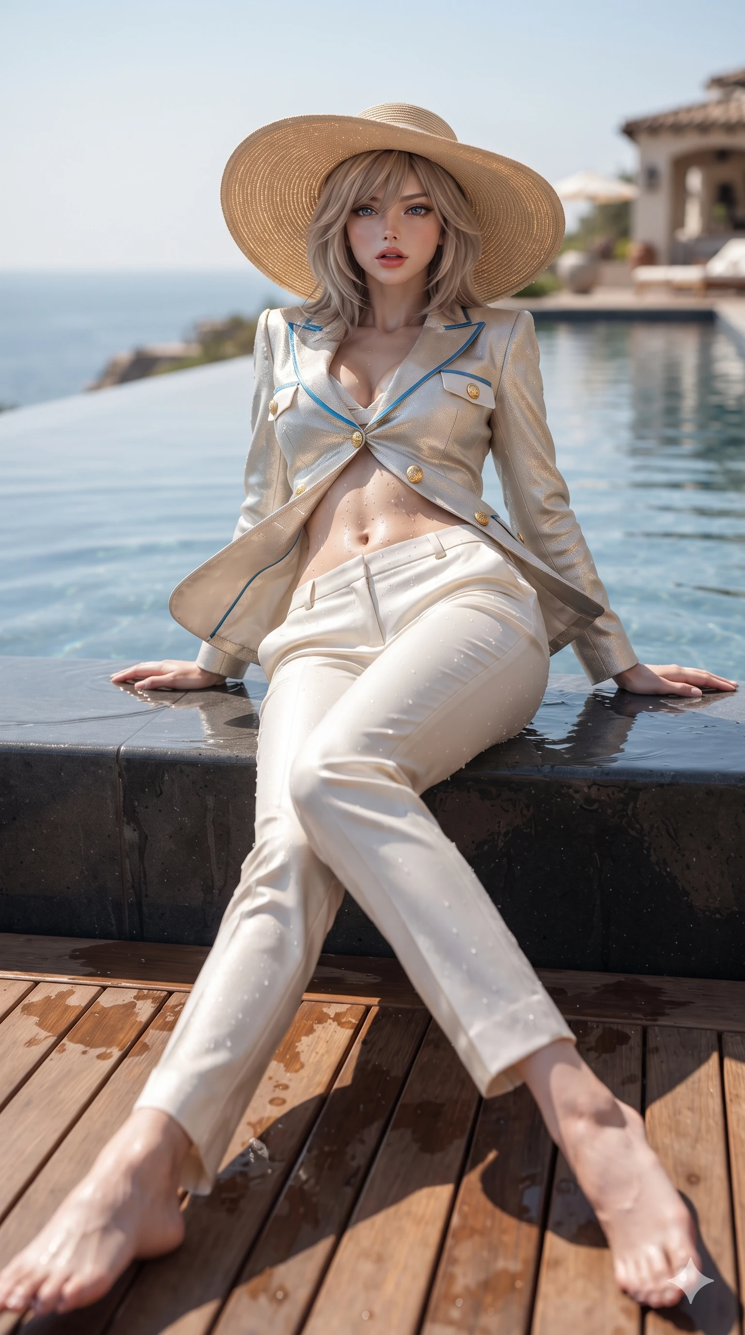 score_9, masterpiece, best quality, ultra-detailed, high-budget anime keyframe, editorial fashion photography, tasteful artistic composition, Japanese woman. low angle full-body shot from head to toe showing her feet, filling the entire 9:16 vertical frame with her statuesque presence, stretching her vertical silhouette. striding across the sun-drenched teak deck as maritime breezes whip her garments open, accentuating her long slender legs and curvy hips while lounging back against the smooth wet basalt pool coping propped on both elbows, water droplets glistening across her flat midriff and curvy hips. The background shows a soft-focus cliffside saltwater pool softened in luxury coastal spa shallow focus. She has an absolutely perfect, statuesque 8.5-heads proportion, an exceptionally tall and slender model-like female figure with impossibly long slender legs, an ultra-slim waist, a flat toned midriff, narrow delicate ribcage, and beautifully sculpted feminine hips creating a graceful, slim hourglass silhouette without any bulky heaviness. sharp v-shaped jawline, high-bridge nose, sparkling eyes with hypnotic seductive depth, thick curled eyelashes, glossy parted lips with a natural dewy peach sheen, alluring bedroom-eyes with an enchanting coquettish smile, exuding magnetic siren charisma and sophisticated glamour, flawlessly proportioned anatomical accuracy, strict slender model proportions, natural body alignment, perfectly sculpted long slender limbs, ultra-slim waistline, clean dynamic posture without body distortion. wearing a structured Riviera tailored pantsuit in liquid ivory silk with golden nautical button accents in Saint-Tropez azure and sparkling champagne ivory, crafted from luxurious metallic lamé that shifts radiance with every step, finished with a wide-brimmed woven straw sunhat tipped back to frame her face and long glossy hair, the bespoke structured tailoring following the natural line of her 8.5-heads silhouette with refined elegance. illuminated by pool bottom bounce and sharp copper-gold rim lights defining her razor-sharp jawline, narrow waist, and curvy hips. ultra-reflective glossy finish, specular highlights, rich textural contrasts, high-contrast stereoscopic depth, volumetric dynamic lighting, 2k, ultra detail, master piece, 9:16 ratio