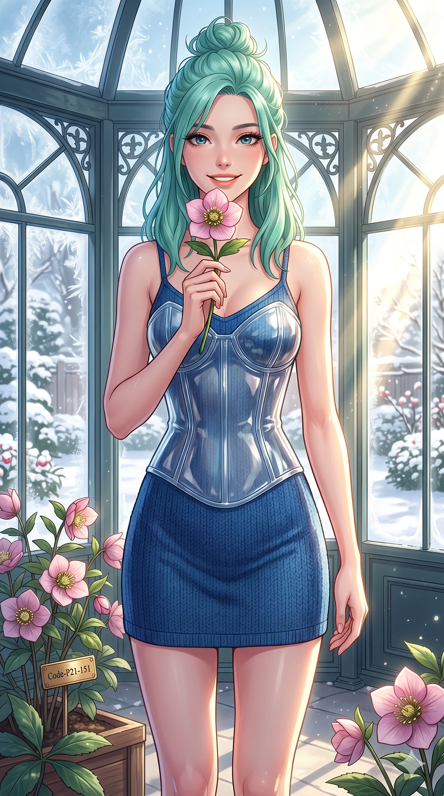 score_9, masterpiece, best quality, ultra-detailed, high-budget anime keyframe, vibrant anime aesthetic, Japanese woman. cowboy shot from the thighs up, character and outfit filling the frame for maximum presence. She is holding a winter flower, smiling warmly under the bright winter sunbeams inside a conservatory room with blooming winter roses (Code-P21-151). She has an absolutely perfect 8-heads proportion, an exceptionally tall and slender female figure with impossibly long slender legs and an ultra-slim waist. V-shaped jawline, high-bridge nose, intricate jewel-like eyes with depth, thick eyelashes, glossy lips with a natural sheen. wearing a translucent gloss-finish structured bodice over a blue textured knit slip dress in winter. She is lit from the side by bright winter sun rays, tracing the contours of her body in the morning. 2k, ultra detail, master piece, 9:16 ratio
