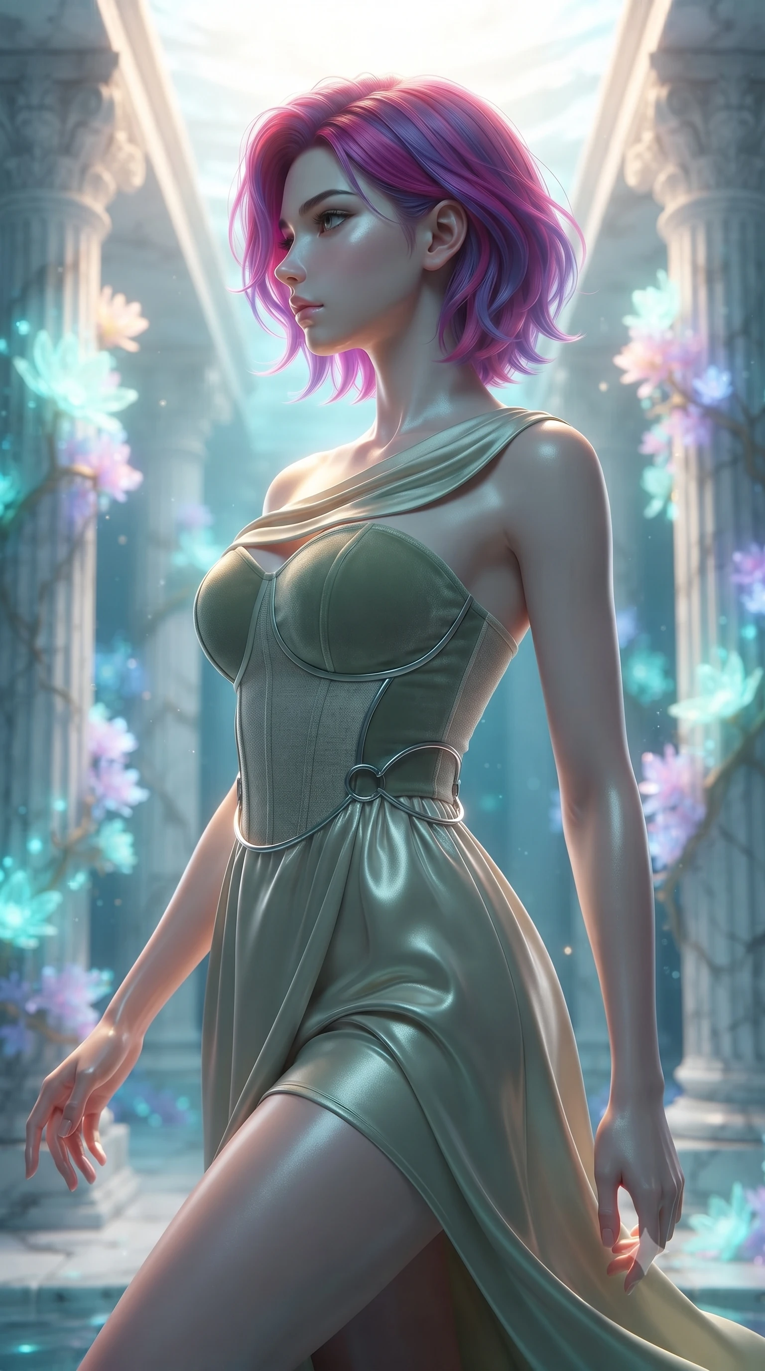 score_9, masterpiece, best quality, ultra-detailed, high-budget anime keyframe, editorial fashion photography, tasteful artistic composition, Caucasian woman. close-up cowboy shot from the waist and thighs up, the character dominates the composition, filling the frame with her large presence, background elements kept in soft focus. Turning her face in sharp dramatic profile against the bright light, showcasing her sharp v-shaped jawline floating gracefully through a sunken white marble colonnade underwater, glowing coral blossoms emitting soft aqua and lavender light. She has an exceptionally elegant, slender, and willowy female figure with an ultra-slim waist, a gracefully sculpted slender torso, and a refined silhouette. sharp v-shaped jawline, high-bridge nose, intricate jewel-like eyes with depth, thick eyelashes, glossy lips with a natural sheen. wearing a modern fusion silk hanbok dress with a structured bodice in sage green and oatmeal, made of premium stretch velvet with a rich sheen, accented with delicate chrome ring hardware framing her waist, the elegant draped fit framing her graceful clavicle and slender torso. illuminated by luminous aqua bioluminescence and warm golden top lighting. ultra-reflective glossy finish, specular highlights, metallic sheen, high-contrast stereoscopic depth, volumetric dynamic lighting, 2k, ultra detail, master piece, 9:16 ratio