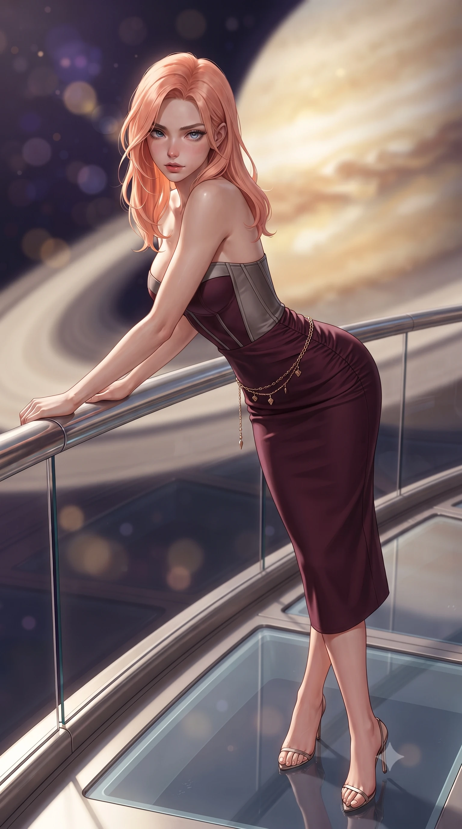 score_9, masterpiece, best quality, ultra-detailed, high-budget anime keyframe, editorial fashion photography, tasteful artistic composition, Japanese woman. close-up cowboy shot from the waist and thighs up, the character dominates the composition, filling the frame with her large presence. leaning forward against the polished railing with her hips cocked back, creating an intoxicating curve from her narrow waist to sculpted hips as she gazes back into the lens while standing poised against the transparent floor viewport, turning in an elegant dancer S-curve as planetary ring-shine sculpts her willowy silhouette. The composition keeps background elements in soft focus with creamy bokeh. glimmering ice rings of Saturn and swirling amber planetary cloud bands blurred into opalescent gold, pearl-white, and deep cosmic violet bokeh. She has an exceptionally elegant, slender, and willowy female figure with an ultra-slim waist, flat toned midriff, narrow ribcage, and sculpted feminine hips creating an alluring, slim hourglass silhouette without bulk. sharp v-shaped jawline, high-bridge nose, intricate jewel-like eyes with depth, thick eyelashes, glossy parted lips with a natural sheen, intensely captivating and seductive bedroom-eyes expression, flawlessly proportioned anatomical accuracy, strict slender model proportions, natural body alignment, perfectly sculpted long slender limbs, ultra-slim waistline, clean dynamic posture without body distortion. wearing an ultra-fitted strapless bustier midi dress with side hip ruching and exposed spine in deep wine burgundy and brushed dark platinum, made of fluid silk crepe with delicate inner corsetry boning, accented with a delicate gold chain belt resting loosely on her curvy hips, the form-contouring material adhering flawlessly to her sculpted flat midriff and slender torso, emphasizing her long leg lines and perfectly proportioned willowy build. illuminated by crisp directional planetary light sharply defining her sculpted collarbones, ultra-slim waist, and curvy hips. ultra-reflective glossy finish, specular highlights, rich textural contrasts, high-contrast stereoscopic depth, volumetric dynamic lighting, 2k, ultra detail, master piece, 9:16 ratio
