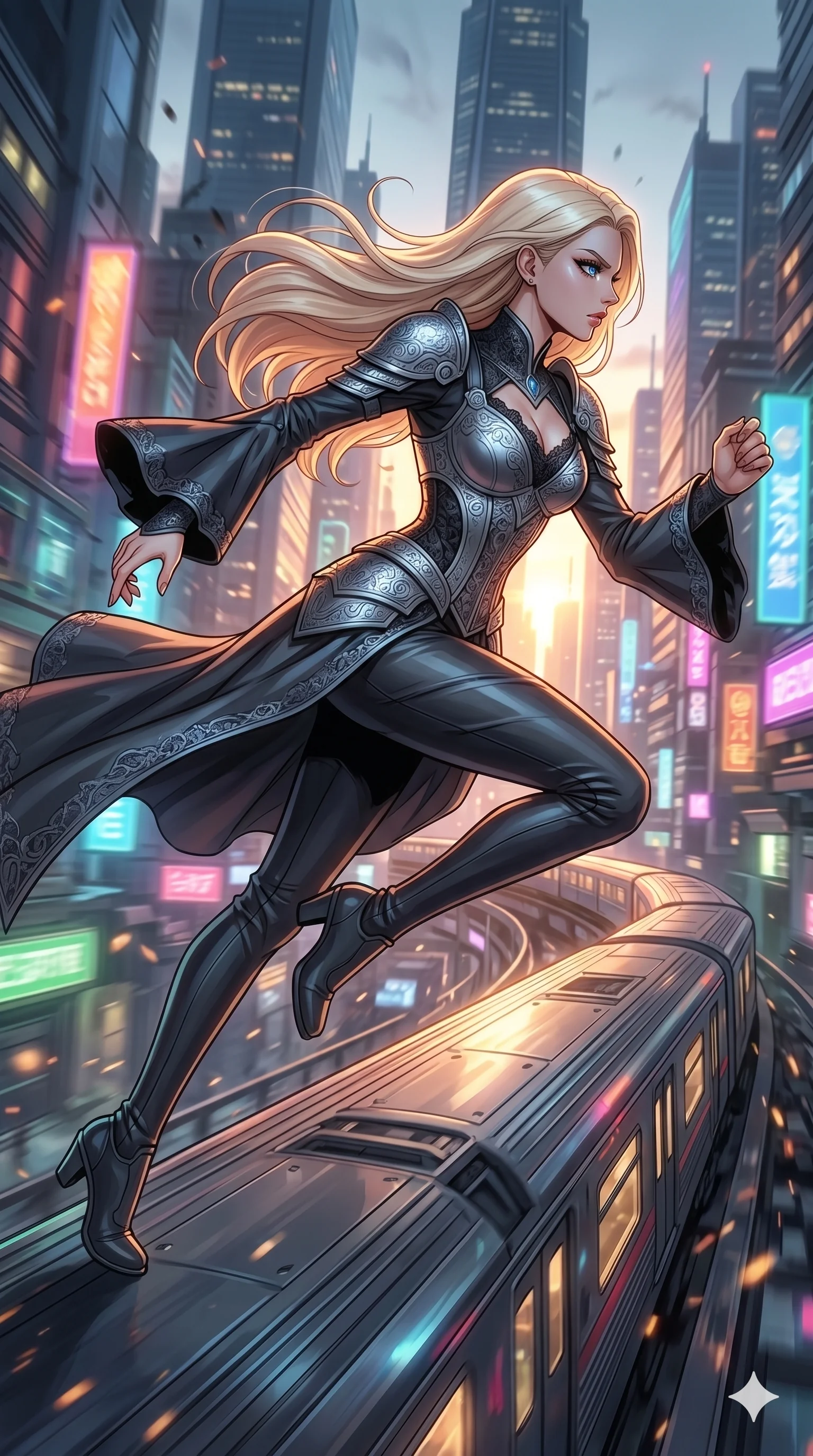 score_9, masterpiece, best quality, ultra-detailed, high-budget anime movie keyframe, cinematic anime lighting, intricate line art, Korean woman. Low angle cowboy shot capturing a powerful motion and statuesque presence. running along a moving train roof as it weaves through skyscrapers. She has an absolutely perfect 8-heads proportion, an exceptionally tall and slender female figure with an ultra-slim waist and impossibly long slender legs. strictly human anatomy, two legs only, no extra limbs, clearly defined legs and arms, perfect anatomy, perfect hands and fingers. sharp v-shaped jawline, high-bridge nose, intricate jewel-like eyes, thick eyelashes, glossy lips. Wearing Dark Fantasy: Gothic lace corset gown, bell-sleeved sorceress robes, and engraved silver plate armor over silk. The scene is illuminated by dramatic atmospheric lighting and vibrant color palettes. , 2k, ultra detail, master piece, 9:16 ratio