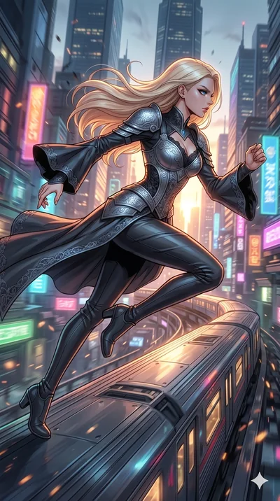 score_9, masterpiece, best quality, ultra-detailed, high-budget anime movie keyframe, cinematic anime lighting, intricate line art, Korean woman. Low angle cowboy shot capturing a powerful motion and statuesque presence. running along a moving train 