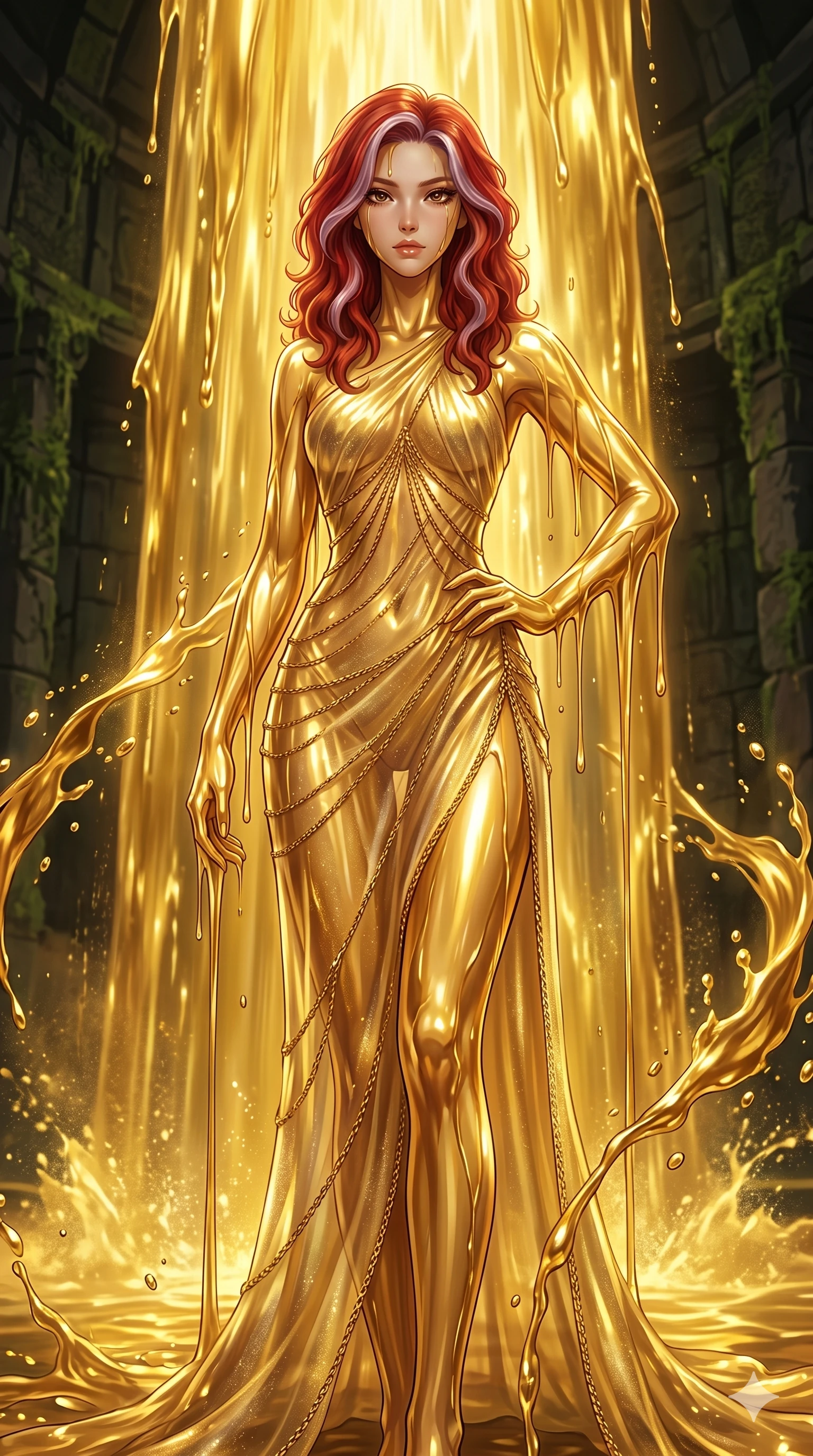 score_9, masterpiece, best quality, ultra-detailed, High-budget Anime Keyframe, East Asian woman. Low angle cowboy shot filling the entire 9:16 frame with her statuesque presence. Scenario 199: Standing under a waterfall of liquid gold, the fluid coating her form. Her presence is magnetic and overpowering in this high-budget anime scene. Outfit 199: A shimmering chiffon sheer with a thigh-high slit and fine gold chains. The clothing is designed to emphasize her exceptionally tall and slender 8-heads proportion. 8-heads proportion, towering silhouette, ultra-slim waist. sharp v-shaped jawline, intricate jewel-like eyes with depth, thick eyelashes, glossy lips. 2k, ultra detail, master piece, 9:16 ratio