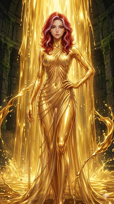 score_9, masterpiece, best quality, ultra-detailed, High-budget Anime Keyframe, East Asian woman. Low angle cowboy shot filling the entire 9:16 frame with her statuesque presence. Scenario 199: Standing under a waterfall of liquid gold, the fluid coa