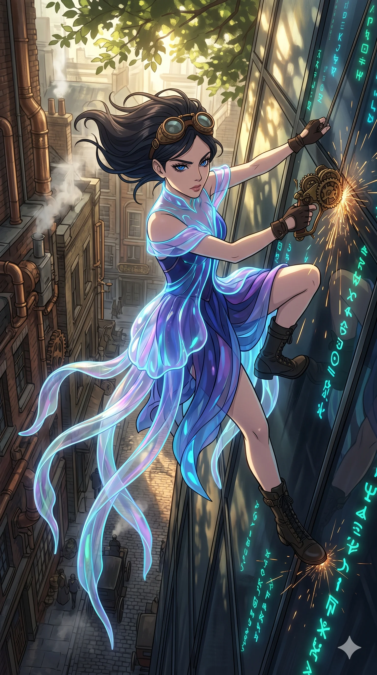 score_9, masterpiece, best quality, ultra-detailed, Set A: High-budget Anime Keyframe, Caucasian (human ears) woman. Upper body close-up from the thighs up, character filling the screen for maximum presence. Theme: Primal Nature. sliding down a glass skyscraper in a steampunk London alleyway, as a digital rain of 17 symbols washes over her. The atmosphere is filled with cinematic sunlight through leaves. She has an absolutely perfect 8-heads proportion, an exceptionally tall and slender female figure with impossibly long slender legs and an ultra-slim waist. Sharp v-shaped jawline, high-bridge nose, intricate jewel-like eyes with depth, glossy lips. Wearing Bioluminescent jellyfish-inspired dress with long flowing transparent tentacles. Cinematic lighting, vivid colors, dramatic shadows, 2k, ultra detail, master piece, 9:16 ratio