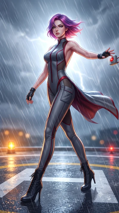 score_9, masterpiece, best quality, ultra-detailed, high-budget anime keyframe, semi-realistic 3D game render, editorial fashion photography, tasteful artistic composition, Caucasian woman. low angle full-body shot from head to toe showing her feet, 