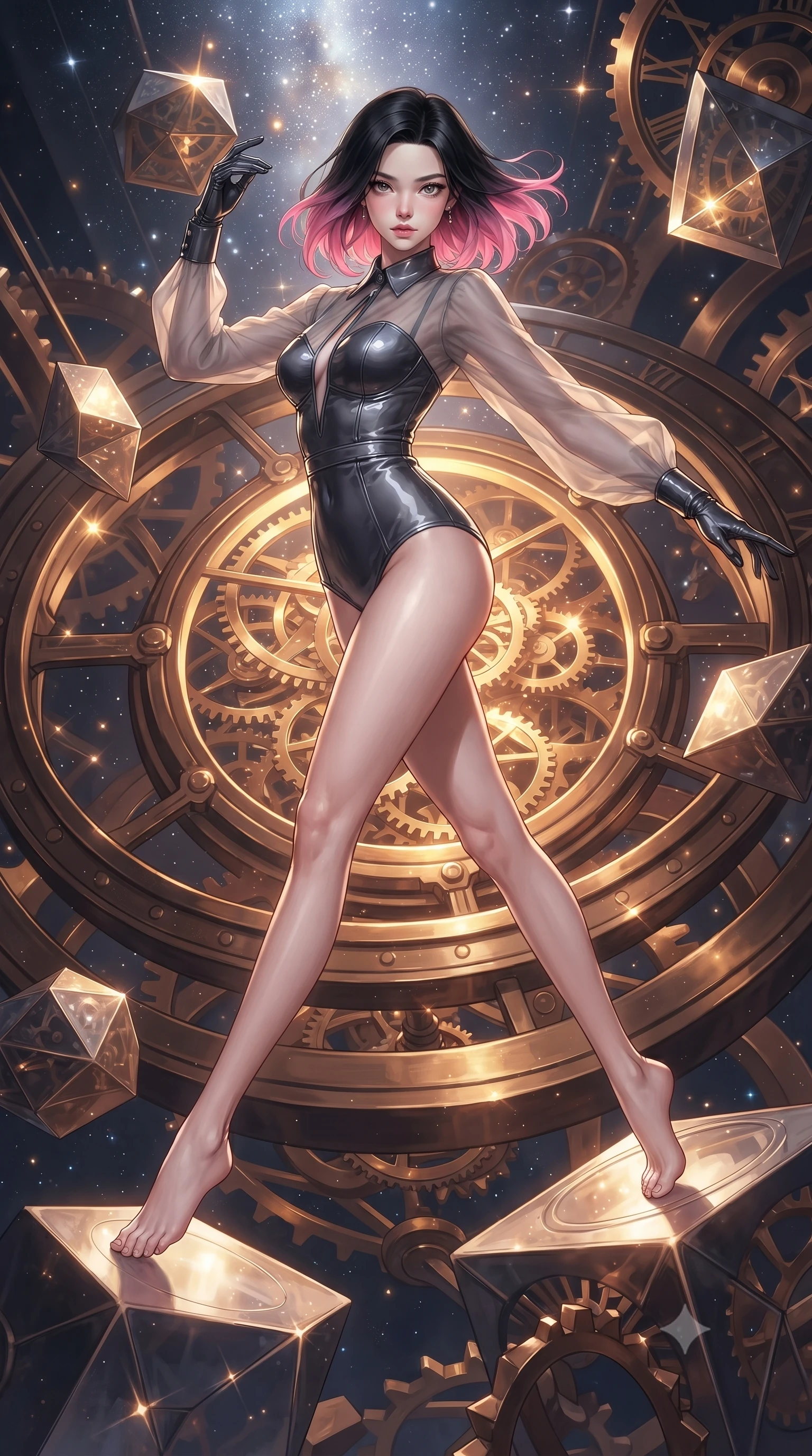 score_9, masterpiece, best quality, ultra-detailed, high-budget anime keyframe, editorial fashion photography, tasteful artistic composition, Korean woman. low angle full-body shot from head to toe showing her feet, filling the entire 9:16 vertical frame with her statuesque presence, stretching her vertical silhouette. performing an athletic mid-air rotation with flawless poise, her vertical silhouette beautifully stretched while leaping gracefully across floating polyhedral prism gears in an astral clockwork citadel, intricate bronze clockwork springs reflecting warm starlight specular highlights. She has an absolutely perfect, statuesque 8.5-heads proportion, an exceptionally tall and slender model-like female figure with impossibly long slender legs and an ultra-slim waist. sharp v-shaped jawline, high-bridge nose, intricate jewel-like eyes with depth, thick eyelashes, glossy lips with a natural sheen, flawlessly proportioned anatomical accuracy, natural body alignment, perfectly sculpted elegant limbs, clean dynamic posture without body distortion. wearing a tailored leather bustier over a sheer silk chiffon blouse in charcoal grey and platinum, tailored from high-gloss patent leather, accented with a Tasteful chest slit framing her clavicle gracefully, the glove-like fit emphasizing her statuesque silhouette during motion. bathed in brilliant starlight and warm golden inner glow from the clockwork citadel. ultra-reflective glossy finish, specular highlights, metallic sheen, high-contrast stereoscopic depth, volumetric dynamic lighting, 2k, ultra detail, master piece, 9:16 ratio
