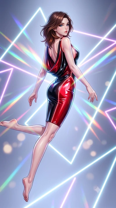score_9, masterpiece, best quality, ultra-detailed, high-budget anime keyframe, semi-realistic 3D game render, editorial fashion photography, tasteful artistic composition, Korean woman. low angle full-body shot from head to toe showing her feet, fil