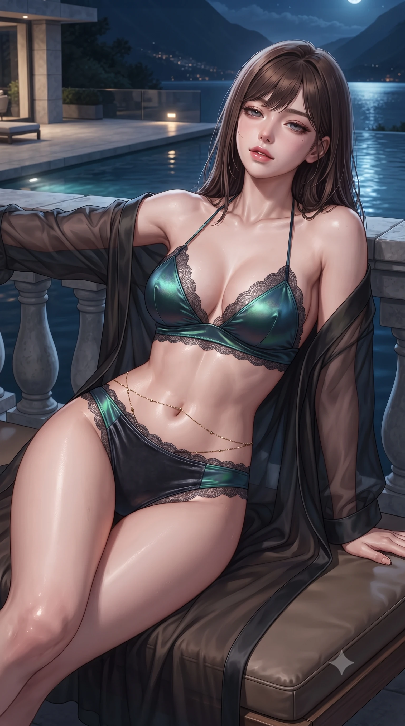 score_9, masterpiece, best quality, ultra-detailed, high-budget anime keyframe, editorial fashion photography, tasteful artistic composition, Korean woman. close-up cowboy shot from the waist and thighs up, the character dominates the composition, filling the frame with her large presence. leaning back against the balustrade with relaxed seductive grace, head tilted back slightly while casting a hypnotic, heavy-lidded gaze while lounging across a floating leather sunpad propped on one elbow, her flat midriff and long slender legs commanding the nocturnal alpine lake. The surrounding environment is rendered in vivid detail and crisp panoramic clarity: detailed backless halterneck column dress drape, dewy skin highlights, and Italian architectural minimalism in high resolution. She has an exceptionally elegant, slender, and willowy female figure with an ultra-slim waist, flat toned midriff, narrow ribcage, and sculpted feminine hips creating an alluring, slim hourglass silhouette without bulk. sharp v-shaped jawline, high-bridge nose, sparkling eyes with hypnotic seductive depth, thick curled eyelashes, glossy parted lips with a natural dewy peach sheen, alluring bedroom-eyes with an enchanting coquettish smile, exuding magnetic siren charisma and sophisticated glamour, flawlessly proportioned anatomical accuracy, strict slender model proportions, natural body alignment, perfectly sculpted long slender limbs, ultra-slim waistline, clean dynamic posture without body distortion. wearing a sheer organza kimono robe worn loose and slipping off bare shoulders over a matching satin bralette and high-waisted briefs in iridescent emerald satin and dark charcoal velvet, made of delicate semi-sheer French Chantilly lace with intricate eyelash edges, accented with a dainty gold belly chain resting across her flat midriff and curving hips, the high-slit wrap tailoring accentuating her ultra-slim waistline and the enchanting curve of her feminine hips with alluring seductive charm. bathed in cool moonlight reflecting from the lake surface mixed with warm recessed terrace lighting. ultra-reflective glossy finish, specular highlights, rich textural contrasts, high-contrast stereoscopic depth, volumetric dynamic lighting, 2k, ultra detail, master piece, 9:16 ratio