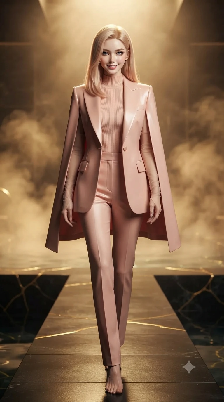 score_9, masterpiece, best quality, ultra-detailed, high-budget anime keyframe, editorial fashion photography, tasteful artistic composition, Korean woman. low angle full-body shot from head to toe showing her feet, filling the entire 9:16 vertical frame with her statuesque presence, stretching her vertical silhouette. stepping slowly toward the camera with hypnotic grace, hips swaying in an alluring sensual rhythm that accentuates her curvy hourglass silhouette and long slender legs while standing poised on the heated black basalt terrace above the sunken kintsugi pool, arching her back with high-fashion supermodel confidence as warm golden mineral steam rises. The background shows a soft-focus thermal mineral steam softened in ultra-luxury private kintsugi spa shallow focus. She has an exceptionally tall and slender model-like 8.5-heads proportion, an ultra-slim waist, a flat toned midriff, narrow delicate ribcage, and beautifully sculpted feminine hips creating a graceful, slim hourglass silhouette without any bulky heaviness, with impossibly long slender legs. sharp v-shaped jawline, high-bridge nose, intricate jewel-like sparkling eyes with depth, thick eyelashes, glossy parted lips with a natural peach sheen, bright cheerful beaming smile with an enchanting and coquettish sensual glint, exuding both youthful cute charm and seductive allure, flawlessly proportioned anatomical accuracy, strict slender model proportions, natural body alignment, perfectly sculpted long slender limbs, ultra-slim waistline, clean dynamic posture without body distortion. wearing a tailored cyber-haute couture cape blazer layered over a high-neck ribbed knit top and tailored trousers in Solaris liquid rose-quartz and alien peach, crafted from bespoke double-faced cashmere with an exceptionally soft tactile finish, complemented by sheer opera-length evening gloves tracing her slender arms, the impeccably tailored cut draping gracefully along her slender figure with aristocratic poise. illuminated by pool reflection bounce and sharp honey-gold rim lights sculpting her jawline, narrow waist, and curvy hips. ultra-reflective glossy finish, specular highlights, rich textural contrasts, high-contrast stereoscopic depth, volumetric dynamic lighting, 2k, ultra detail, master piece, 9:16 ratio