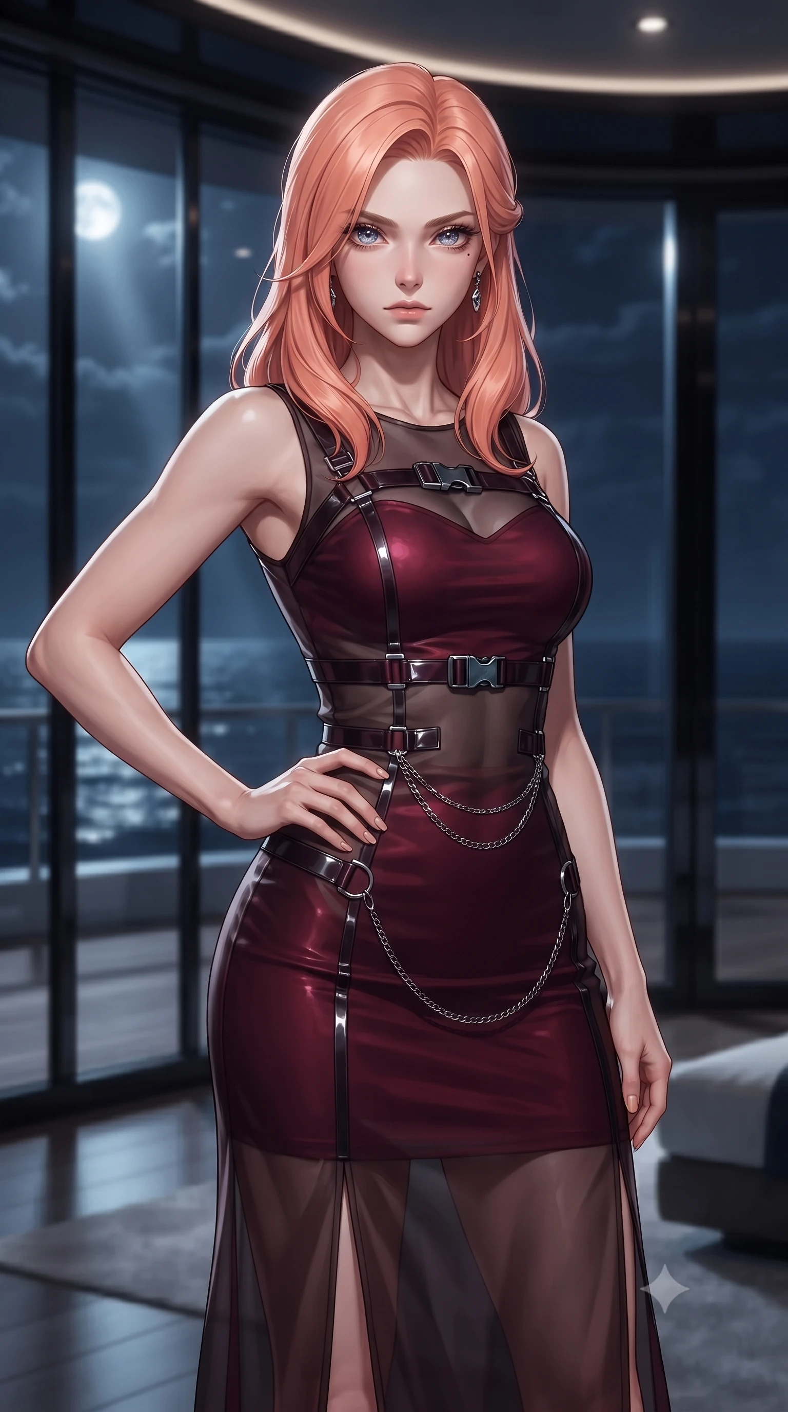 score_9, masterpiece, best quality, ultra-detailed, high-budget anime keyframe, editorial fashion photography, tasteful artistic composition, Japanese woman. close-up cowboy shot from the waist and thighs up, the character dominates the composition, filling the frame with her large presence, background elements kept in soft focus. Holding a confident power pose with one hand on her hip, standing in the master suite of a private superyacht with panoramic ocean views, cold silver moonbeams penetrating glass windows and casting sharp metallic reflections. She has an exceptionally elegant, slender, and willowy female figure with an ultra-slim waist, a gracefully sculpted slender torso, and a refined silhouette. sharp v-shaped jawline, high-bridge nose, intricate jewel-like eyes with depth, thick eyelashes, glossy lips with a natural sheen. wearing fitted liquid mercury jersey maxi dress hugging every curve in deep crimson burgundy, made of sheer dark organza overlay, framed by dark titanium buckles and silver chain details, following her slender form with tailored precision. surrounded by an airy sea-breeze ambiance with bright silver rim lights. ultra-reflective glossy finish, specular highlights, metallic sheen, high-contrast stereoscopic depth, volumetric dynamic lighting, 2k, ultra detail, master piece, 9:16 ratio