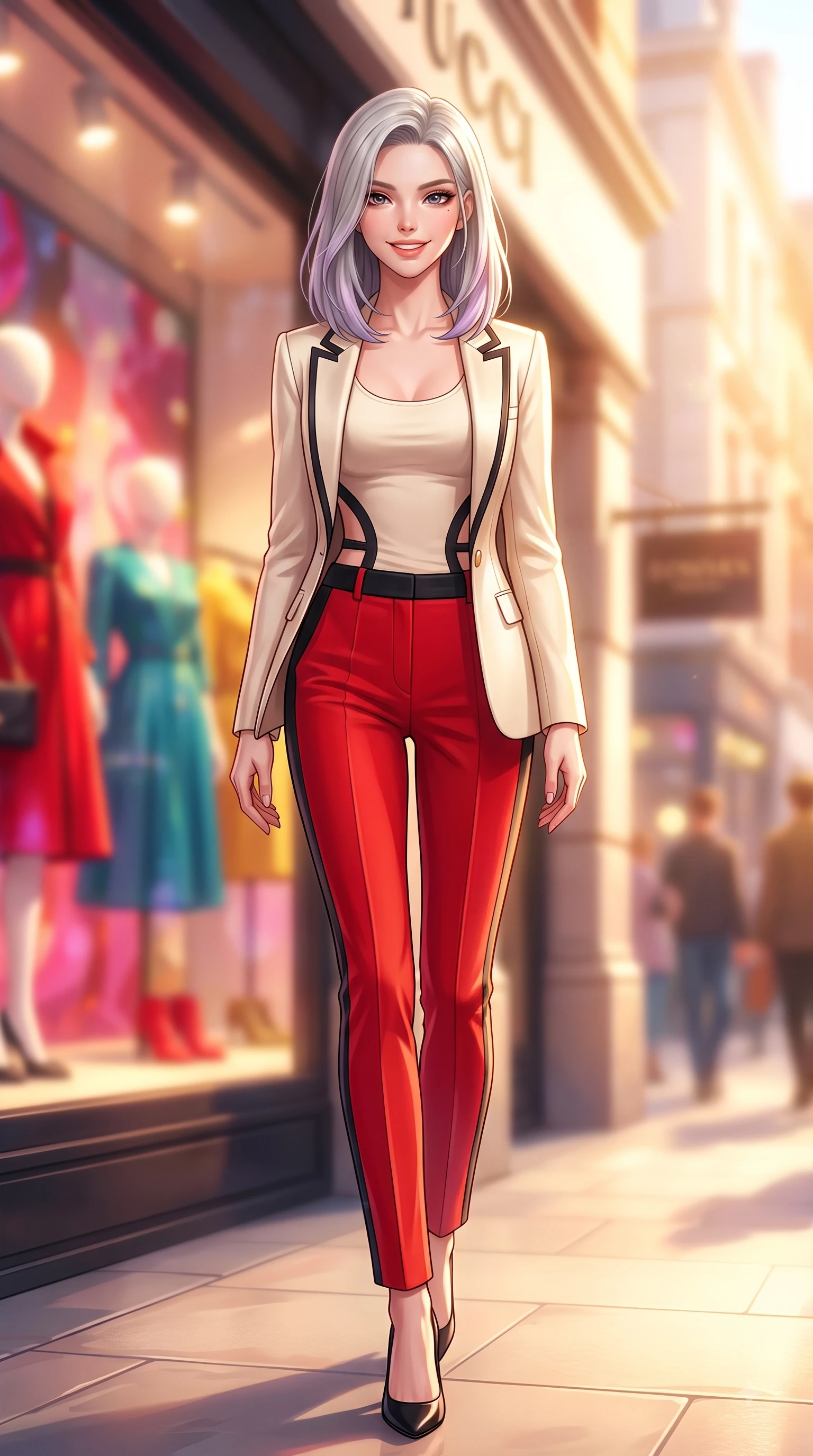 score_9, masterpiece, best quality, ultra-detailed, high-budget anime keyframe, editorial fashion photography, tasteful artistic composition, Caucasian woman. low angle full-body shot from head to toe showing her feet, filling the entire 9:16 vertical frame with her statuesque presence, stretching her vertical silhouette. walking forward in a proud dynamic stride with a cheerful beaming smile, her vertical silhouette filling the frame while pivoting gracefully outside a luxury fashion popup store with a captivating bright smile. The composition keeps background elements in soft focus with dreamy bokeh. vibrant shop displays and golden afternoon light scattering into a soft-focus backdrop. She has an absolutely perfect, statuesque 8.5-heads proportion, an exceptionally tall and slender model-like female figure with impossibly long slender legs and an ultra-slim waist. sharp v-shaped jawline, high-bridge nose, intricate jewel-like eyes with depth, thick eyelashes, glossy lips with a natural sheen, flawlessly proportioned anatomical accuracy, natural body alignment, perfectly sculpted elegant limbs, clean dynamic posture without body distortion. wearing a tailored cream silk blazer over a fitted scoop-neck camisole and slacks in vibrant scarlet red and sleek black trim, knitted from soft cozy cashmere yarn, complemented by clean architectural cutouts along her slender torso, the form-contouring material highlighting her ultra-slim waist and long lines. bathed in brilliant golden hour sunshine and warm urban ambient illumination. highly saturated vibrant anime colors, detailed shading with soft gradients, rich glossy textures, high-contrast stereoscopic depth, volumetric dynamic lighting, master piece, 9:16 ratio