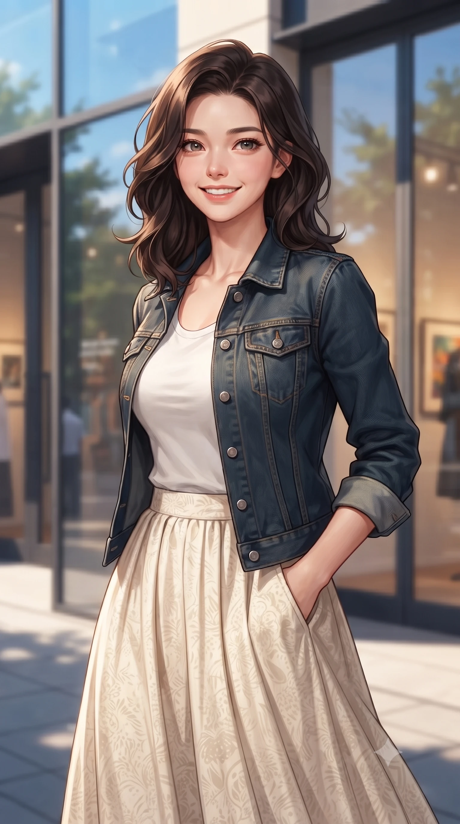 score_9, masterpiece, best quality, ultra-detailed, high-budget anime keyframe, editorial fashion photography, tasteful artistic composition, Korean woman. close-up cowboy shot from the waist and thighs up, the character dominates the composition, filling the frame with her large presence, background elements kept in soft focus. gazing past the camera with a happy, bright expression and a warm smile set against a soft-focus background of near a modern art gallery entrance on a fashionable city street with modern glass shop fronts reflecting the blue sky and trees. She has an exceptionally elegant, slender, and willowy female figure with an ultra-slim waist, a gracefully sculpted slender torso, and a refined silhouette. sharp v-shaped jawline, high-bridge nose, intricate jewel-like eyes with depth, thick eyelashes, glossy lips with a natural sheen. wearing body-hugging casual denim jacket worn over a simple white tee and a long cotton skirt. soft morning sun rays painting the street in a fresh, energetic gold tone. ultra-reflective glossy finish, specular highlights, metallic sheen, high-contrast stereoscopic depth, volumetric dynamic lighting, 2k, ultra detail, master piece, 9:16 ratio