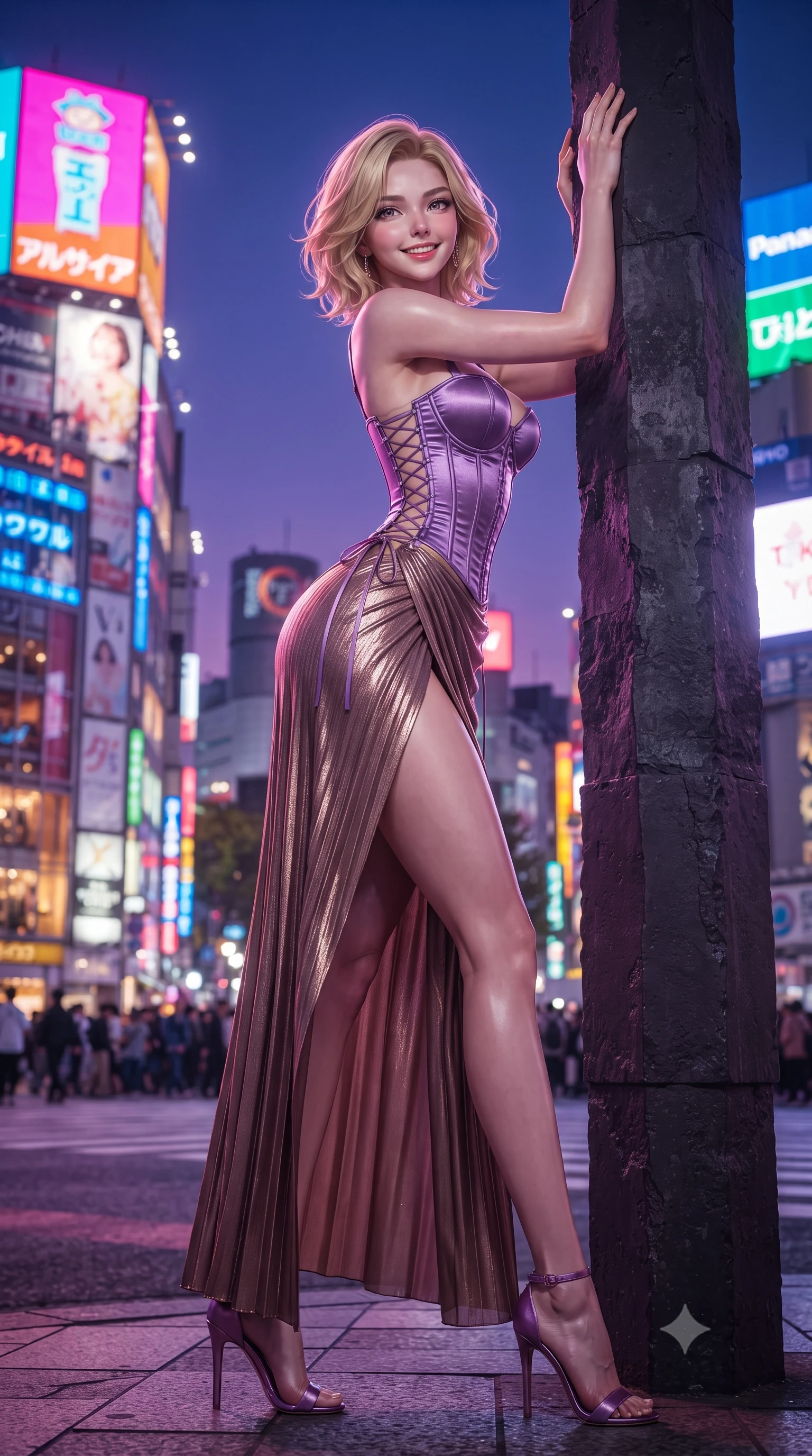 score_9, masterpiece, best quality, ultra-detailed, high-budget anime keyframe, editorial fashion photography, tasteful artistic composition, Caucasian woman. low angle full-body shot from head to toe showing her feet, filling the entire 9:16 vertical frame with her statuesque presence, stretching her vertical silhouette. standing tall beside the architectural column, one hand resting high while arching her lower back to emphasize her sculpted feminine hips and slender waist while twisting her slender torso in an alluring contrapposto stance, thousands of neon billboards casting saturated electric colors across her curves. The background shows a soft-focus colossal Shibuya Crossing with tiny pedestrian crowds, massive neon video billboards, and dense Tokyo skyline blurred into electric magenta, cyan, and amber bokeh. She has an exceptionally tall and slender model-like 8.5-heads proportion, an ultra-slim waist, a flat toned midriff, narrow delicate ribcage, and beautifully sculpted feminine hips creating a graceful, slim hourglass silhouette without any bulky heaviness, with impossibly long slender legs. sharp v-shaped jawline, high-bridge nose, intricate jewel-like sparkling eyes with depth, thick eyelashes, glossy parted lips with a natural peach sheen, bright cheerful beaming smile with an enchanting and coquettish sensual glint, exuding both youthful cute charm and seductive allure, flawlessly proportioned anatomical accuracy, strict slender model proportions, natural body alignment, perfectly sculpted long slender limbs, ultra-slim waistline, clean dynamic posture without body distortion. wearing a structured satin corset bustier paired with a draped high-slit wrap chiffon maxi skirt revealing her long slender legs in Mirage sunset amethyst purple and warm bronze, crafted from delicate pleated metallic lamé catching dynamic light with every step, featuring fine criss-cross lace-up side ties revealing tantalizing glimpses of her hip curve, the liquid-tight tailored fabric clinging flawlessly to her narrow waist and rounded feminine hips, emphasizing every millimeter of her sculpted slim hourglass curves without any bulky heaviness. bathed in the breathtaking contrast of violet dusk sky and blinding saturated neon magenta and cyan billboard backlighting. ultra-reflective glossy finish, specular highlights, rich textural contrasts, high-contrast stereoscopic depth, volumetric dynamic lighting, 2k, ultra detail, master piece, 9:16 ratio