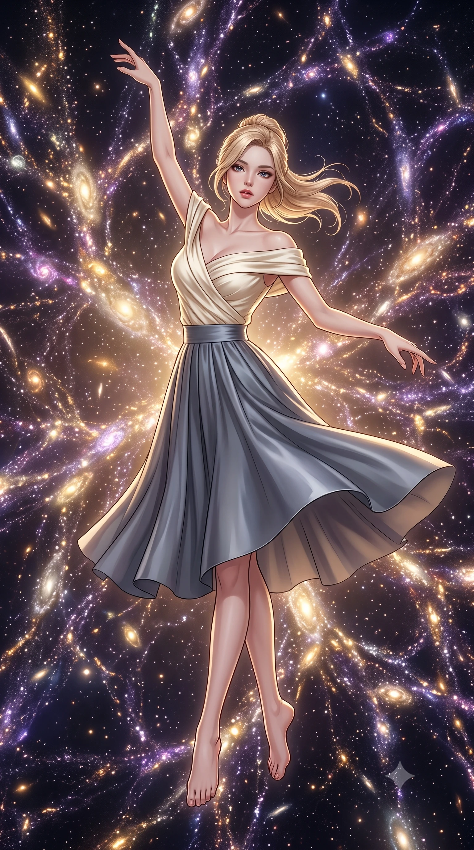 score_9, masterpiece, best quality, ultra-detailed, high-budget anime keyframe, editorial fashion photography, tasteful artistic composition, Korean woman. low angle full-body shot from head to toe showing her feet, filling the entire 9:16 vertical frame with her statuesque presence, stretching her vertical silhouette. twirling with balletic elegance inside at the grand intersection point of cosmic web filaments where streams of thousands of galaxies flow in luminous rivers along dark matter scaffolding the largest structure in the universe made visible. She has a statuesque 8.5-heads proportion, an exceptionally tall, slender and willowy model-like build with impossibly long legs and a highly sculpted ultra-slim waist. sharp v-shaped jawline, high-bridge nose, intricate jewel-like eyes with depth, thick eyelashes, glossy lips with a natural sheen. wearing a draped off-shoulder top in cream silk, tucked into a high-waisted slate grey satin midi skirt. diffuse warm glow from millions of galaxies flowing along the cosmic web filaments in gold and white with dark matter framework creating subtle purple fluorescence. 2k, ultra detail, master piece, 9:16 ratio