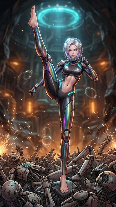 score_9, masterpiece, best quality, ultra-detailed, high-budget anime keyframe, semi-realistic 3D game render, editorial fashion photography, tasteful artistic composition, Caucasian woman. low angle full-body shot from head to toe showing her feet, 