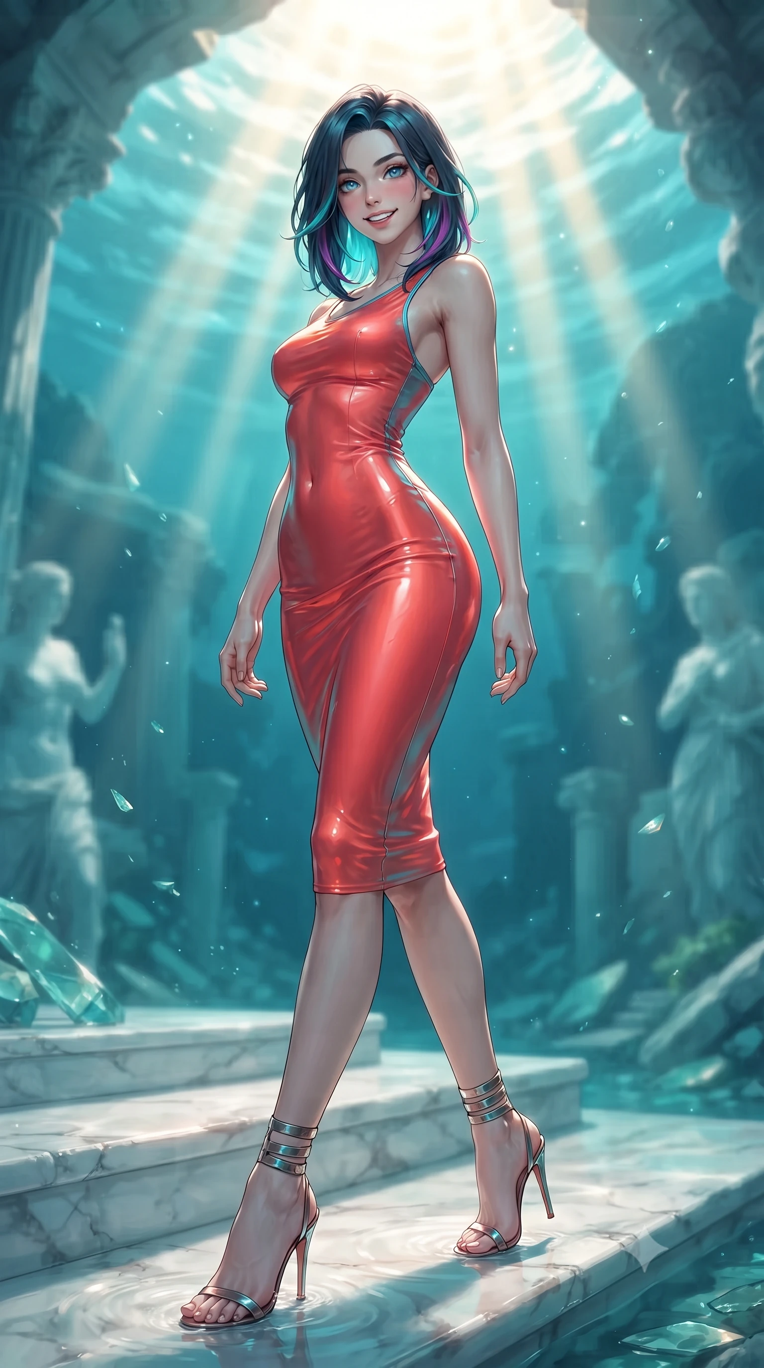 score_9, masterpiece, best quality, ultra-detailed, high-budget anime keyframe, editorial fashion photography, tasteful artistic composition, Caucasian woman. low angle full-body shot from head to toe showing her feet, filling the entire 9:16 vertical frame with her statuesque presence, stretching her vertical silhouette. reclining gracefully across the plush chaise lounge with one leg extended, her sculpted silhouette and flat midriff radiating magnetic nocturnal glamour while standing poised on the submerged white marble temple step as brilliant golden sunbeams penetrate the turquoise water cavern, arching her spine with sovereign supermodel poise. The background shows a soft-focus brilliant volumetric sunbeams penetrating 20 meters of pristine turquoise water, drifting sea glass fragments, and submerged classical statues blurred into topaz, cyan, and pearl bokeh. She has an exceptionally tall and slender model-like 8.5-heads proportion, an ultra-slim waist, a flat toned midriff, narrow delicate ribcage, and beautifully sculpted feminine hips creating a graceful, slim hourglass silhouette without any bulky heaviness, with impossibly long slender legs. sharp v-shaped jawline, high-bridge nose, intricate jewel-like sparkling eyes with depth, thick eyelashes, glossy parted lips with a natural peach sheen, bright cheerful beaming smile with an enchanting and coquettish sensual glint, exuding both youthful cute charm and seductive allure, flawlessly proportioned anatomical accuracy, strict slender model proportions, natural body alignment, perfectly sculpted long slender limbs, ultra-slim waistline, clean dynamic posture without body distortion. wearing a form-fitting liquid mercury jersey evening dress clinging smoothly to her narrow waist and rounded hips in cyber-shinto vermilion and laser turquoise, made of fluid liquid jersey with seamless sculpting hold and smooth contours, complemented by strappy stiletto sandals with metallic ankle wraps accentuating her slender calves, the form-contouring silhouette accentuating her sculpted flat midriff, narrow delicate ribcage, and gracefully curvy hips with intoxicating allure. bathed in blinding warm golden midday sunbeams slicing through cool turquoise water. ultra-reflective glossy finish, specular highlights, rich textural contrasts, high-contrast stereoscopic depth, volumetric dynamic lighting, 2k, ultra detail, master piece, 9:16 ratio