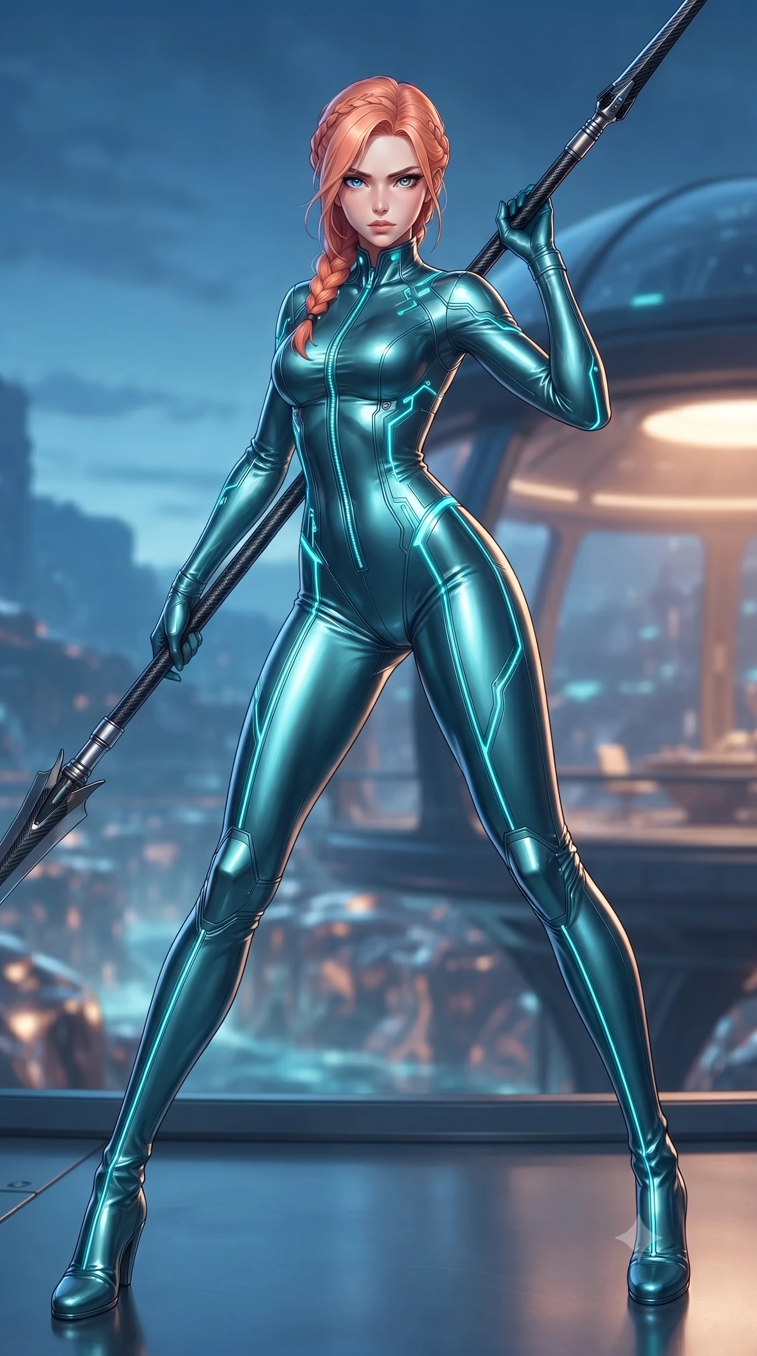 score_9, masterpiece, best quality, ultra-detailed, high-budget anime keyframe, editorial fashion photography, tasteful artistic composition, Japanese woman. low angle full-body shot from head to toe showing her feet, filling the entire 9:16 vertical frame with her statuesque presence, stretching her vertical silhouette. standing in a dynamic combat stance with a carbon-fiber spear held diagonally, stretching her statuesque body, the background shows a soft-focus an undersea dome veranda overlooking a canyon of liquid metal in twilight. She has an absolutely perfect, statuesque 8.5-heads proportion, an exceptionally tall and slender model-like female figure with impossibly long slender legs and an ultra-slim waist. sharp v-shaped jawline, high-bridge nose, intricate jewel-like eyes with depth, thick eyelashes, glossy lips with a natural sheen. wearing a tailored body-hugging metallic teal catsuit with thin cyan LED lighting trims along the seams. cool blue twilight sky contrasting with warm interior light from the dome. ultra-reflective glossy finish, specular highlights, metallic sheen, high-contrast stereoscopic depth, volumetric dynamic lighting, 2k, ultra detail, master piece, 9:16 ratio