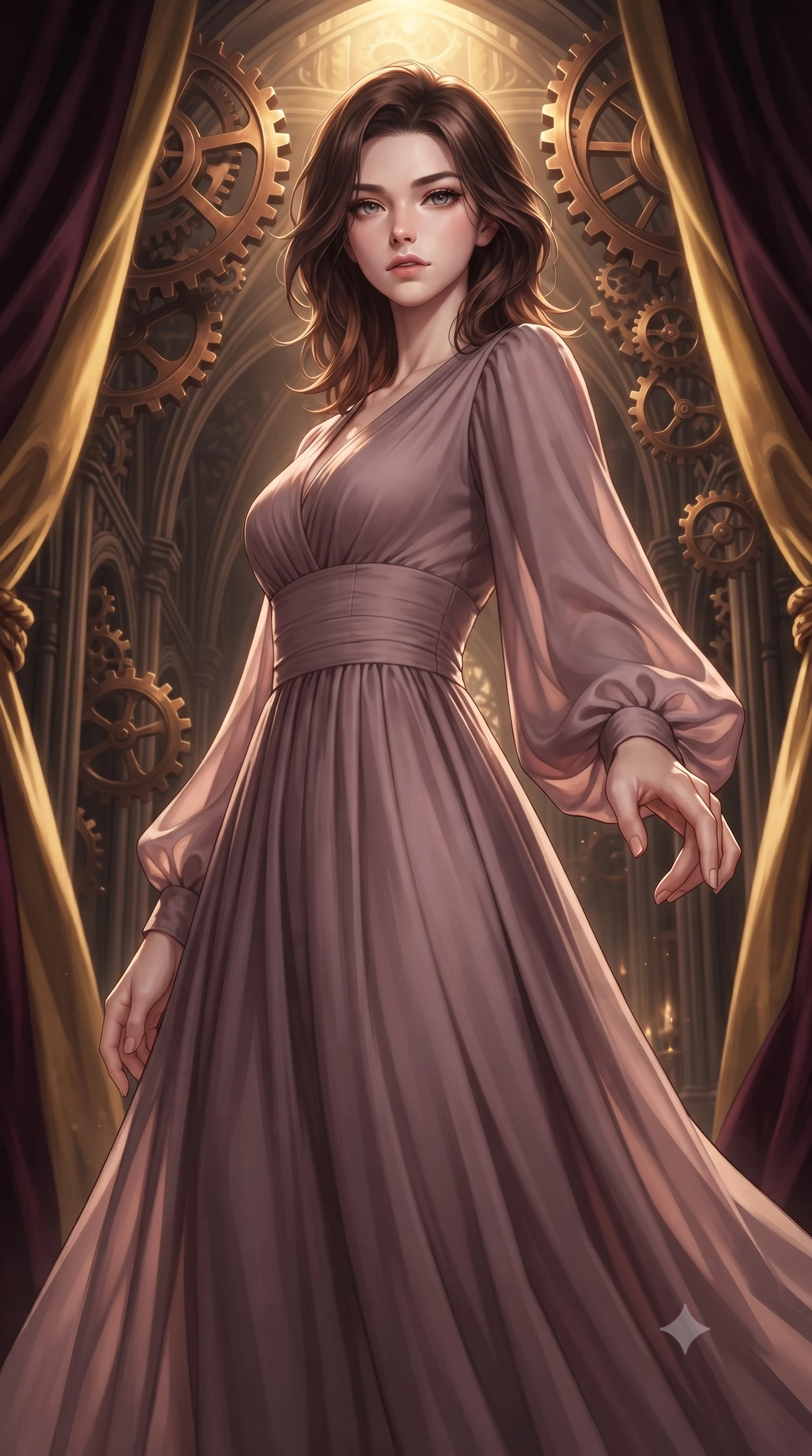score_9, masterpiece, best quality, ultra-detailed, high-budget anime keyframe, editorial fashion photography, tasteful artistic composition, Korean woman woman. close-up cowboy shot from the waist and thighs up, the character dominates the composition, filling the frame with her large presence, background elements kept in soft focus. She has an exceptionally elegant, slender, and willowy female figure with an ultra-slim waist, a gracefully sculpted slender torso, and a refined silhouette. reaching one hand toward the viewer with relaxed elegance, her gaze holding quiet authority, flawlessly proportioned anatomical accuracy, natural body alignment, perfectly sculpted elegant limbs, clean dynamic posture without body distortion. set against a soft-focus background of a high space cathedral nave with rotating bronze gears and velvet drapes. wearing a serene dusty mauve chiffon maxi dress with long bishop sleeves. bathed in dramatic chiaroscuro key light with flickering golden candlelight. ultra-reflective glossy finish, specular highlights, metallic sheen, high-contrast stereoscopic depth, volumetric dynamic lighting, 2k, ultra detail, master piece, 9:16 ratio