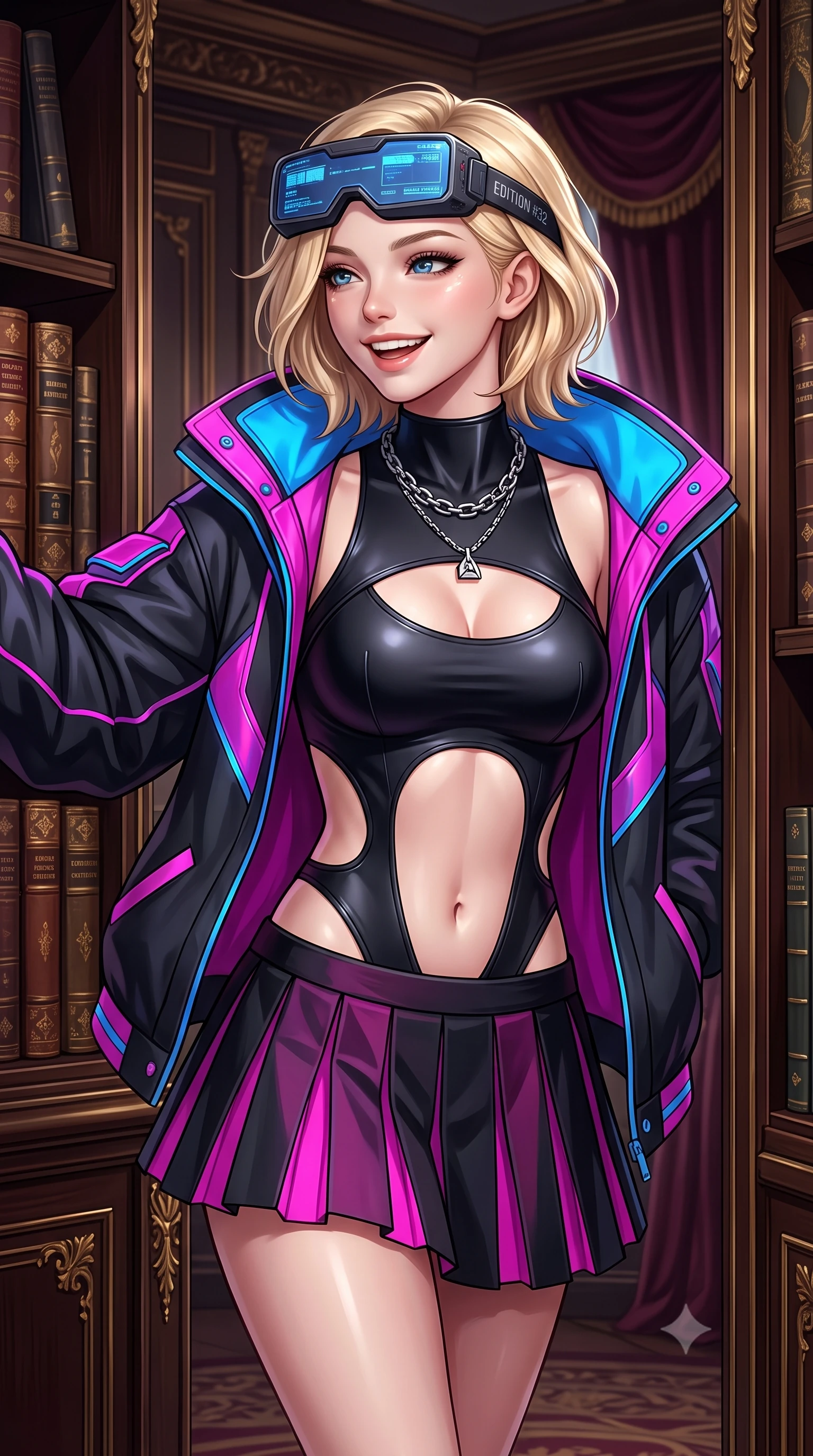 score_9, masterpiece, best quality, ultra-detailed, high-budget anime keyframe, semi-realistic 3D game render, editorial fashion photography, tasteful artistic composition, Caucasian woman. close-up cowboy shot from the waist and thighs up, the character dominates the composition, filling the frame with her large presence. laughing softly with genuine, enchanting warmth, eyes crinkling sweetly as specular highlights illuminate her cheeks while slipping through a secret revolving bookcase door from the grand library with sovereign stealth and fluid grace. The surrounding environment is rendered in vivid detail and crisp panoramic clarity. luxurious neo-noir romance chiaroscuro and lavish historical mansion opulence rendered with precision. She has an exceptionally elegant, slender, and willowy female figure with an ultra-slim waist, a gracefully sculpted slender torso, toned flat midriff, and a refined slim silhouette. sharp v-shaped jawline, high-bridge nose, intricate jewel-like eyes with depth, thick eyelashes, glossy lips with a natural sheen, captivating and magnetic expression, flawlessly proportioned anatomical accuracy, strict slender model proportions, natural body alignment, perfectly sculpted long slender limbs, ultra-slim waistline, clean dynamic posture without body distortion. wearing a daring cutout cyberpunk bodysuit paired with an oversized neon-accented bomber jacket and pleated micro-skirt in matte black and vivid magenta, tailored from second-skin aerodynamic stretch vinyl and insulated satin, accessorized with a chunky silver chain necklace and cyber-visor goggles resting on her brow edition #32, the precision-cut daring openings accentuating her delicate midriff, graceful bare collarbones, and ultra-slim feminine waistline. illuminated by crisp specular highlights tracing her bare clavicle, ultra-slim waist, and flowing gown. highly saturated vibrant anime colors, detailed shading with soft gradients, rich glossy textures, high-contrast stereoscopic depth, volumetric dynamic lighting, master piece, 9:16 ratio