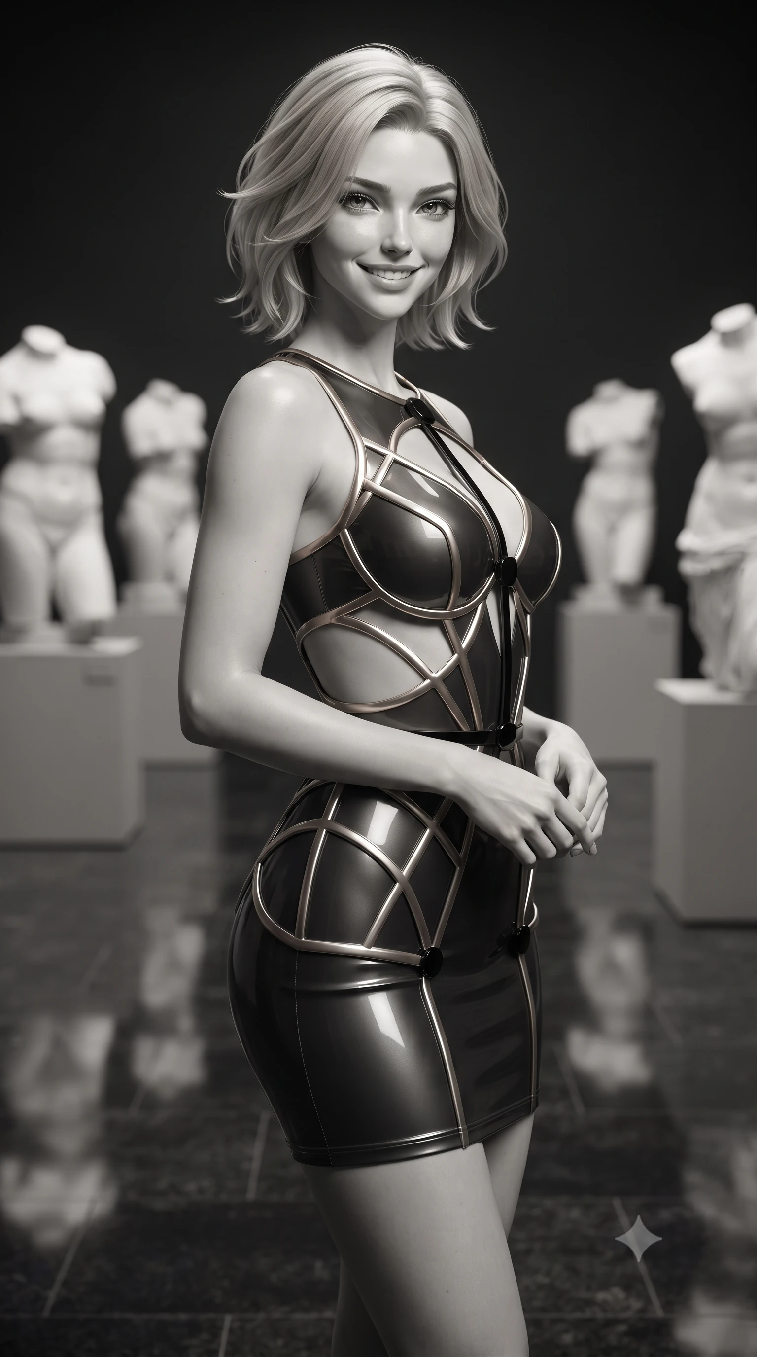 score_9, masterpiece, best quality, ultra-detailed, high-budget anime keyframe, editorial fashion photography, tasteful artistic composition, Caucasian woman. close-up cowboy shot from the waist and thighs up, the character dominates the composition, filling the frame with her large presence, background elements kept in soft focus. Smiling with quiet, magnetic self-assurance directly into the camera, standing in a secluded private art gallery filled with white marble torso sculptures, polished granite floor creating a dark mirror reflection of her posture. She has an exceptionally elegant, slender, and willowy female figure with an ultra-slim waist, a gracefully sculpted slender torso, and a refined silhouette. sharp v-shaped jawline, high-bridge nose, intricate jewel-like eyes with depth, thick eyelashes, glossy lips with a natural sheen. wearing architectural cut-out dark leather mini dress with sculpted metallic boning in champagne gold, made of high-gloss liquid vinyl, adorned with minimalist black onyx hardware framing the silhouette, highlighting her statuesque proportions and ultra-slim waistline. bathed in high-contrast black-and-white chiaroscuro with sharp key rays. ultra-reflective glossy finish, specular highlights, metallic sheen, high-contrast stereoscopic depth, volumetric dynamic lighting, 2k, ultra detail, master piece, 9:16 ratio