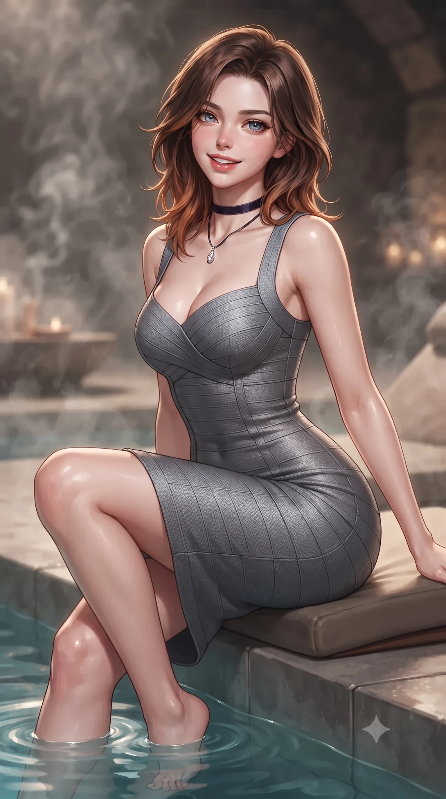 score_9, masterpiece, best quality, ultra-detailed, high-budget anime keyframe, editorial fashion photography, tasteful artistic composition, Korean woman. close-up cowboy shot from the waist and thighs up, the character dominates the composition, filling the frame with her large presence. perched sideways on the lounge seat, one knee drawn up to showcase her slender leg line while her arched back accentuates her feminine hip curve while sitting gracefully on the pool steps with water lapping at her waist and legs extended, flashing a radiant, playful smile with parted glossy lips. The background shows a soft-focus aromatic copal incense smoke softened in holistic subterranean spa shallow focus. She has an exceptionally elegant, slender, and willowy female figure with an ultra-slim waist, flat toned midriff, narrow ribcage, and sculpted feminine hips creating an alluring, slim hourglass silhouette without bulk. sharp v-shaped jawline, high-bridge nose, intricate jewel-like sparkling eyes with depth, thick eyelashes, glossy parted lips with a natural peach sheen, bright cheerful beaming smile with an enchanting and coquettish sensual glint, exuding both youthful cute charm and seductive allure, flawlessly proportioned anatomical accuracy, strict slender model proportions, natural body alignment, perfectly sculpted long slender limbs, ultra-slim waistline, clean dynamic posture without body distortion. wearing a dense bandage knit pencil dress with sweetheart neckline contouring her delicate ribcage and hips in Mont-Saint-Michel granite slate grey and moonlit tide silver, made of fluid liquid jersey with seamless sculpting hold and smooth contours, finished with a thin velvet ribbon choker and a single teardrop diamond pendant, the glove-like clinging cut tightly following the natural contour of her hips and long slender legs with youthful 8.5-heads elegance. illuminated by cave water reflection bounce and sharp honey-gold rim lights defining her razor-sharp jawline, narrow waist, and curvy hips. ultra-reflective glossy finish, specular highlights, rich textural contrasts, high-contrast stereoscopic depth, volumetric dynamic lighting, 2k, ultra detail, master piece, 9:16 ratio