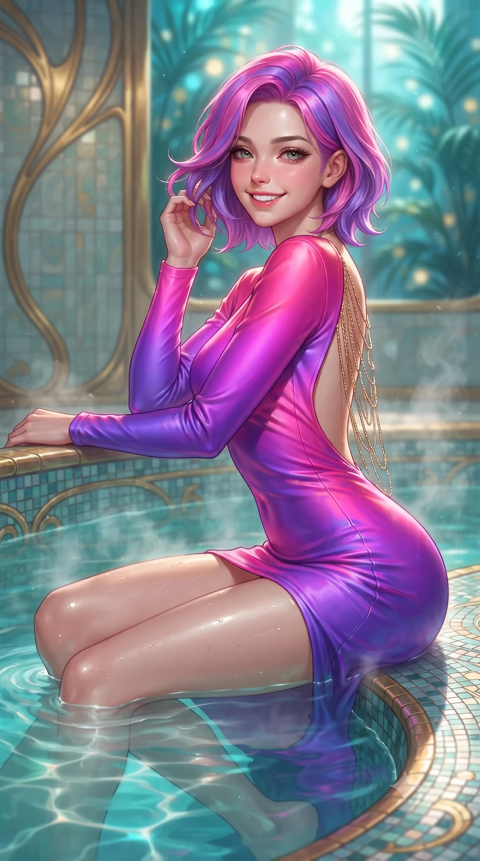 score_9, masterpiece, best quality, ultra-detailed, high-budget anime keyframe, editorial fashion photography, tasteful artistic composition, Caucasian woman. close-up cowboy shot from the waist and thighs up, the character dominates the composition, filling the frame with her large presence. gently brushing a lock of hair behind her ear while casting a playful, flirtatious side-gaze with long eyelashes while lounging in the steaming water propped on the curved mosaic rim with legs extended, her statuesque 8.5-heads silhouette commanding the sanctuary. The background shows a soft-focus steaming bathwater surface caustics, sinuous gilded Art Nouveau whiplash curves on tiled walls, and moonlit greenhouse palms blurred into turquoise, gold, and jade bokeh. She has an exceptionally elegant, slender, and willowy female figure with an ultra-slim waist, flat toned midriff, narrow ribcage, and sculpted feminine hips creating an alluring, slim hourglass silhouette without bulk. sharp v-shaped jawline, high-bridge nose, intricate jewel-like sparkling eyes with depth, thick eyelashes, glossy parted lips with a natural peach sheen, bright cheerful beaming smile with an enchanting and coquettish sensual glint, exuding both youthful cute charm and seductive allure, flawlessly proportioned anatomical accuracy, strict slender model proportions, natural body alignment, perfectly sculpted long slender limbs, ultra-slim waistline, clean dynamic posture without body distortion. wearing a liquid silk jersey asymmetrical long-sleeve cocktail dress clinging flawlessly to her narrow waist and hips in Supertree bioluminescent magenta and electric violet, crafted from fluid liquid silk satin that clings smoothly to her narrow waist and rounded hips with a dewy sheen, accented with an open-back drape framed by falling strands of delicate gold chains, the liquid-tight tailored fabric clinging flawlessly to her narrow waist and rounded feminine hips, emphasizing every millimeter of her sculpted slim hourglass curves without any bulky heaviness. illuminated by water surface reflection bounce and sharp platinum-cyan rim lights sculpting her jawline, narrow waist, and curvy hips. ultra-reflective glossy finish, specular highlights, rich textural contrasts, high-contrast stereoscopic depth, volumetric dynamic lighting, 2k, ultra detail, master piece, 9:16 ratio