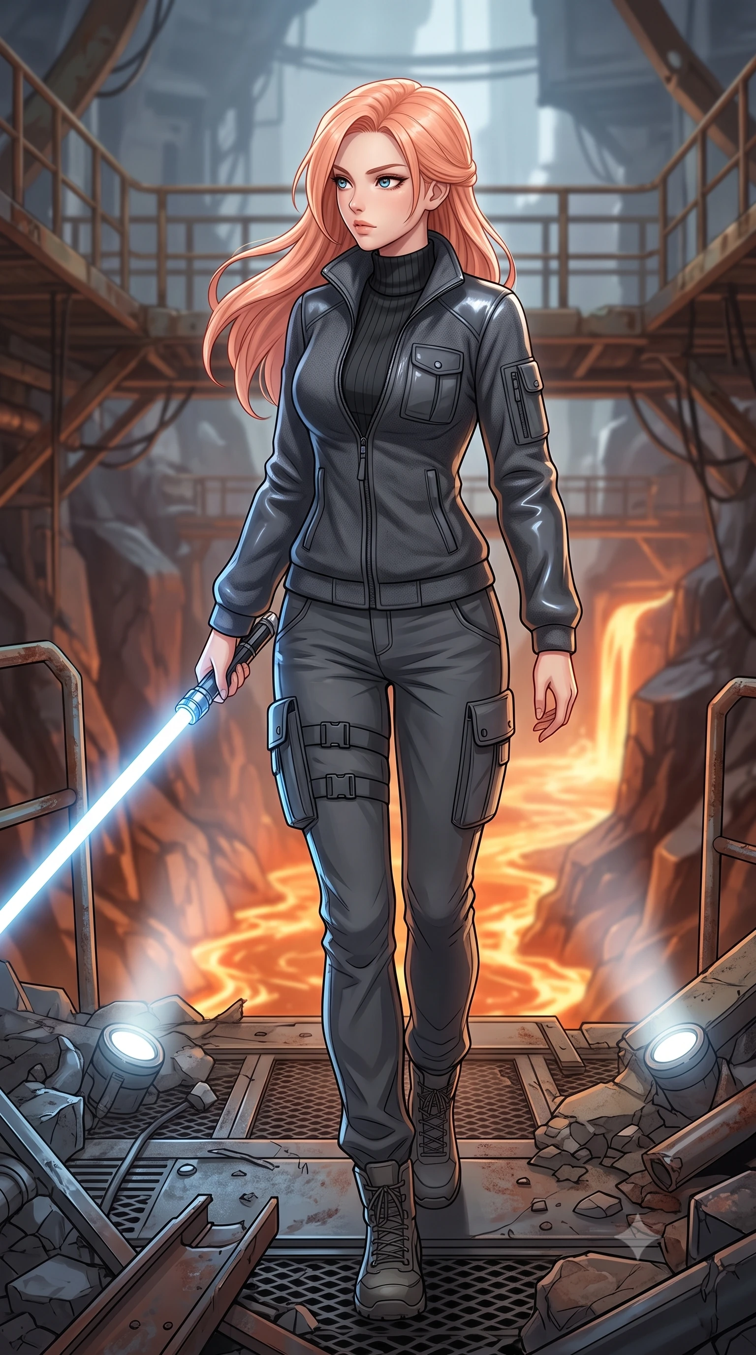 score_9, masterpiece, best quality, ultra-detailed, high-budget anime keyframe, editorial fashion photography, tasteful artistic composition, Japanese woman. low angle full-body shot from head to toe showing her feet, filling the entire 9:16 vertical frame with her statuesque presence, stretching her vertical silhouette. stepping gracefully through battlefield debris with a glowing saber hilt in hand, looking back over her shoulder, the background shows a soft-focus a reef maintenance catwalk suspended over a deep chasm of liquid metal. She has an absolutely perfect, statuesque 8.5-heads proportion, an exceptionally tall and slender model-like female figure with impossibly long slender legs and an ultra-slim waist. sharp v-shaped jawline, high-bridge nose, intricate jewel-like eyes with depth, thick eyelashes, glossy lips with a natural sheen. wearing a body-hugging comfortable charcoal fleece flight jacket over a protective high-neck undershirt and utility cargo pants. focused white spotlights highlighting the glossy textures of her sleek outfit. highly saturated vibrant anime colors, detailed shading with soft gradients, rich glossy textures, high-contrast stereoscopic depth, volumetric dynamic lighting, master piece, 9:16 ratio