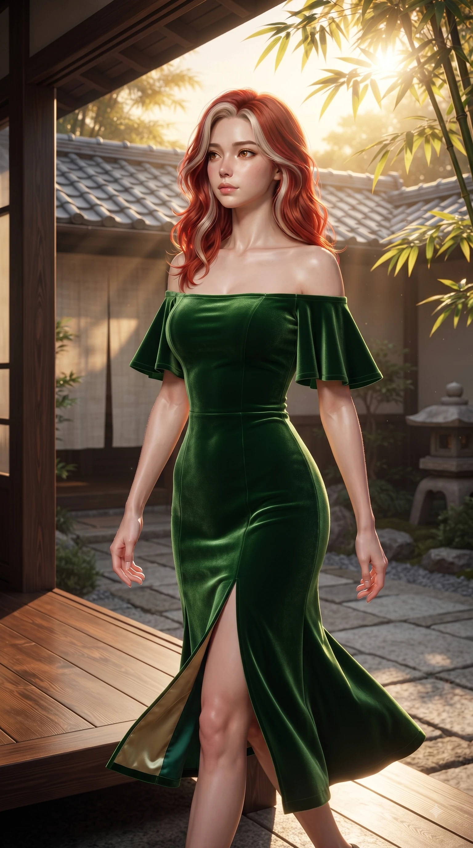 score_9, masterpiece, best quality, ultra-detailed, high-budget anime keyframe, editorial fashion photography, tasteful artistic composition, Caucasian woman. close-up cowboy shot from the waist and thighs up, the character dominates the composition, filling the frame with her large presence. Tender lingering expression with a quiet reluctant backward glance, as if hesitating to leave the moment while pivoting near traditional clay tile roofs as golden sunbeams filter through bamboo leaves. The surrounding environment is rendered in vivid detail and crisp panoramic clarity. polished wooden veranda grain, stone courtyard paving, and sunlit bamboo leaves in deep focus. She has an exceptionally elegant, slender, and willowy female figure with an ultra-slim waist, a gracefully sculpted slender torso, and a refined silhouette. sharp v-shaped jawline, high-bridge nose, intricate jewel-like eyes with depth, thick eyelashes, glossy lips with a natural sheen, flawlessly proportioned anatomical accuracy, natural body alignment, perfectly sculpted elegant limbs, clean dynamic posture without body distortion. wearing a vibrant forest green off-shoulder midi dress with a tasteful front slit in deep emerald green and champagne gold, made of premium stretch velvet with a rich glossy sheen, featuring elegant flutter sleeves and a graceful square neckline, the tailored fit highlighting her statuesque and model-like silhouette. surrounded by a serene, elegant, and heritage fashion editorial aura. ultra-reflective glossy finish, specular highlights, metallic sheen, high-contrast stereoscopic depth, volumetric dynamic lighting, 2k, ultra detail, master piece, 9:16 ratio