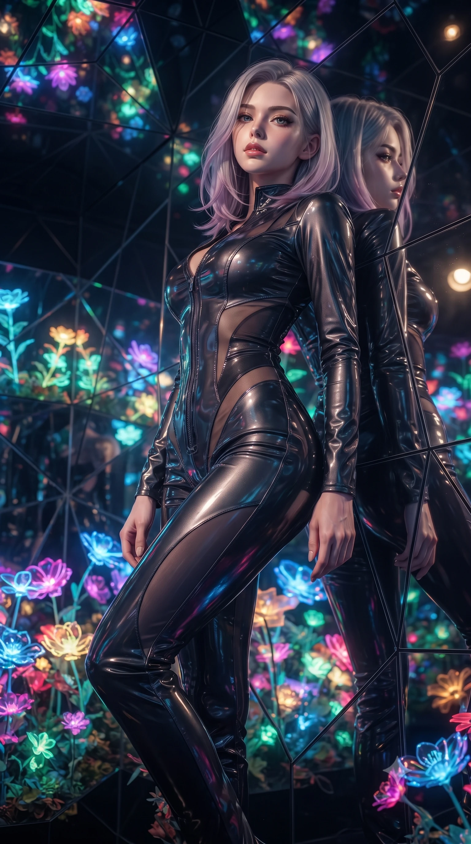 score_9, masterpiece, best quality, ultra-detailed, High-budget Anime Keyframe, editorial fashion photography, tasteful artistic composition, realistic cosplay photography, Caucasian woman, strictly human ears. Low angle cowboy shot filling the entire 9:16 frame with her statuesque presence. Scenario 303: leaning back against a wall of virtual mirrors in a virtual garden where neon flowers bloom in the dark. Her presence is magnetic and overpowering in this high-budget cinematic scene. Outfit 303: a tailored patent leather liquid with a sheer panels and wet-look texture. The clothing is designed to emphasize her exceptionally tall and slender 8-heads proportion. 8-heads proportion, towering silhouette, ultra-slim waist. sharp v-shaped jawline, intricate jewel-like eyes with depth, thick eyelashes, glossy lips. ultra-reflective glossy finish, specular highlights, metallic sheen, high-contrast stereoscopic depth, volumetric dynamic lighting, 2k, ultra detail, master piece, 9:16 ratio
