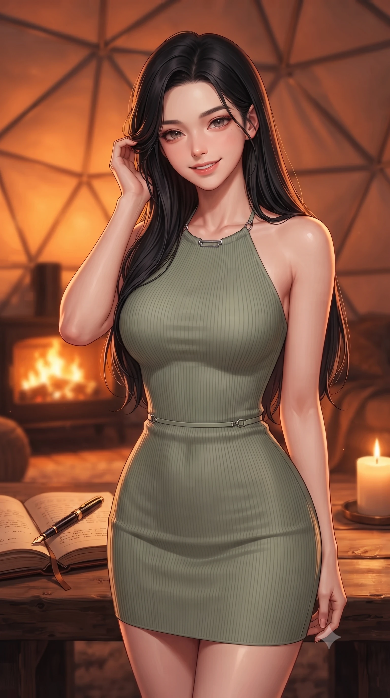 score_9, masterpiece, best quality, ultra-detailed, high-budget anime keyframe, editorial fashion photography, tasteful artistic composition, Korean woman. close-up cowboy shot from the waist and thighs up, the character dominates the composition, filling the frame with her large presence, background elements kept in soft focus. flashing a warm, intoxicating grin while gently tucking a strand of hair behind her ear set against a soft-focus background of inside an exclusive geodesic dome with an open leather journal and a gold fountain pen sitting next to a candle. She has an exceptionally elegant, slender, and willowy female figure with an ultra-slim waist, a gracefully sculpted slender torso, and a refined silhouette. sharp v-shaped jawline, high-bridge nose, intricate jewel-like eyes with depth, thick eyelashes, glossy lips with a natural sheen. wearing slim-fit sage green ribbed cashmere form-contouring cashmere halter dress tracing her statuesque physique accented with delicate silver hardware. bathed in cozy, flickering fireplace light that paints the room in a warm orange wash. highly saturated vibrant anime colors, detailed shading with soft gradients, rich glossy textures, high-contrast stereoscopic depth, volumetric dynamic lighting, master piece, 9:16 ratio