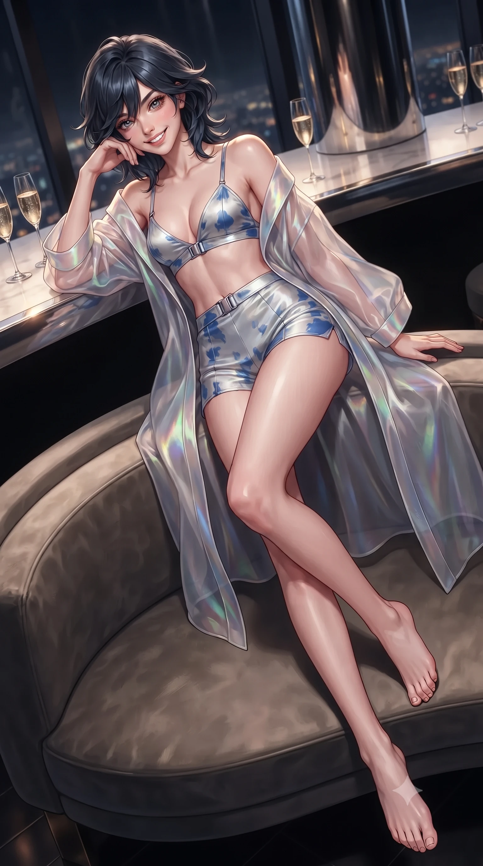score_9, masterpiece, best quality, ultra-detailed, high-budget anime keyframe, editorial fashion photography, tasteful artistic composition, Caucasian woman. low angle full-body shot from head to toe showing her feet, filling the entire 9:16 vertical frame with her statuesque presence, stretching her vertical silhouette. stepping forward in a confident stride, her long slender legs and curvaceous hips creating a dynamic, sweeping vertical line while lounging gracefully across the sculptural circular velvet booth propped on one elbow with legs extended, displaying her long slender limbs and statuesque hourglass silhouette. The background shows a soft-focus champagne bubble glasses on polished counters softened in ultra-exclusive high-altitude skybar shallow focus. She has an exceptionally tall and slender model-like 8.5-heads proportion, an ultra-slim waist, a flat toned midriff, narrow delicate ribcage, and beautifully sculpted feminine hips creating a graceful, slim hourglass silhouette without any bulky heaviness, with impossibly long slender legs. sharp v-shaped jawline, high-bridge nose, intricate jewel-like sparkling eyes with depth, thick eyelashes, glossy parted lips with a natural peach sheen, bright cheerful beaming smile with an enchanting and coquettish sensual glint, exuding both youthful cute charm and seductive allure, flawlessly proportioned anatomical accuracy, strict slender model proportions, natural body alignment, perfectly sculpted long slender limbs, ultra-slim waistline, clean dynamic posture without body distortion. wearing a translucent iridescent organza kimono robe slipping off bare shoulders over a matching satin micro-bralette and shorts in Shackleton lunar ice silver and Earthrise cobalt, made of sheer gossamer chiffon that drapes softly against skin with airy translucence, finished with sleek magnetic buckle closures fluttering in the breeze, the glove-like clinging cut tightly following the natural contour of her hips and long slender legs with youthful 8.5-heads elegance. illuminated by chrome bar reflection bounce and sharp champagne-gold rim lights defining her razor-sharp jawline, narrow waist, and curvy hips. ultra-reflective glossy finish, specular highlights, rich textural contrasts, high-contrast stereoscopic depth, volumetric dynamic lighting, 2k, ultra detail, master piece, 9:16 ratio